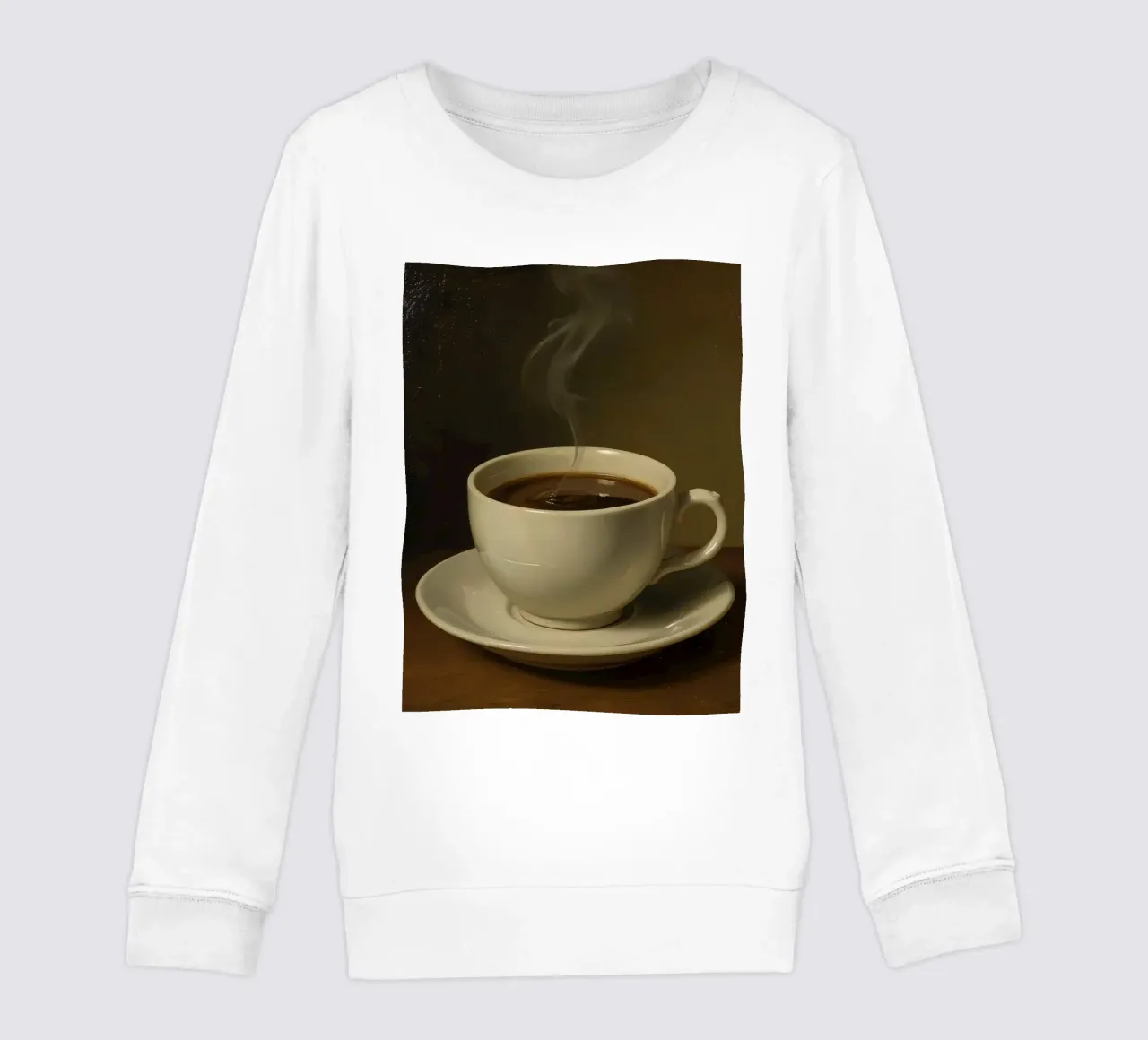 Tazza da caffè con vapore appoggiata su un piattino in un ambiente caldo felpa bambino da DesignDoodle
