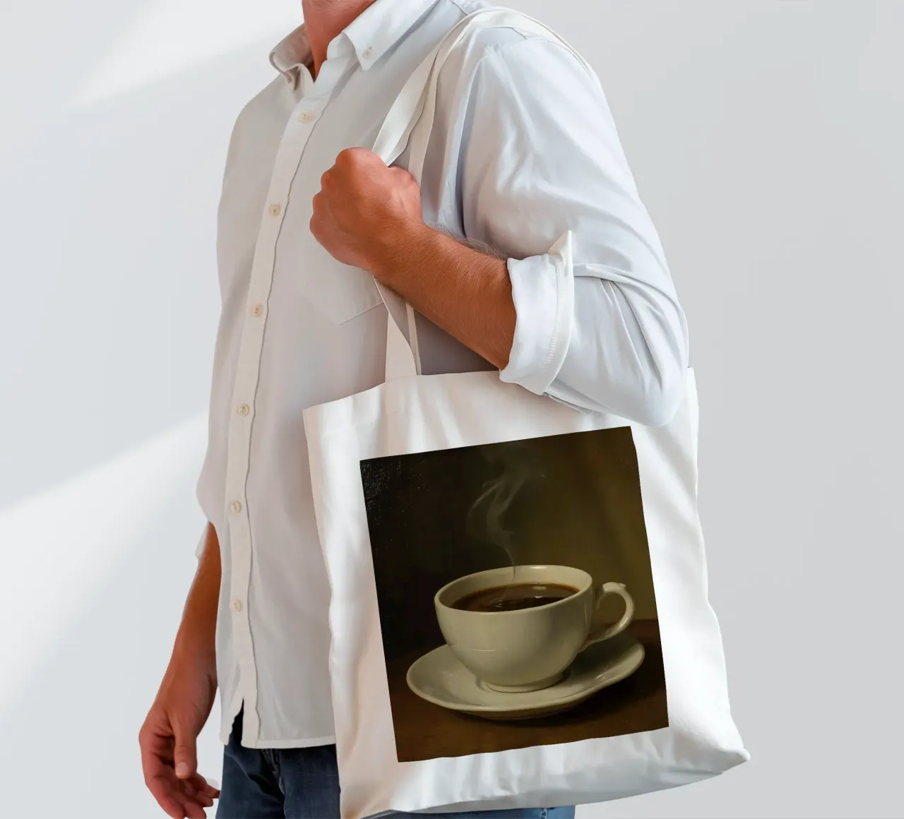 Tazza da caffè con vapore appoggiata su un piattino in un ambiente caldo borsa in juta da DesignDoodle