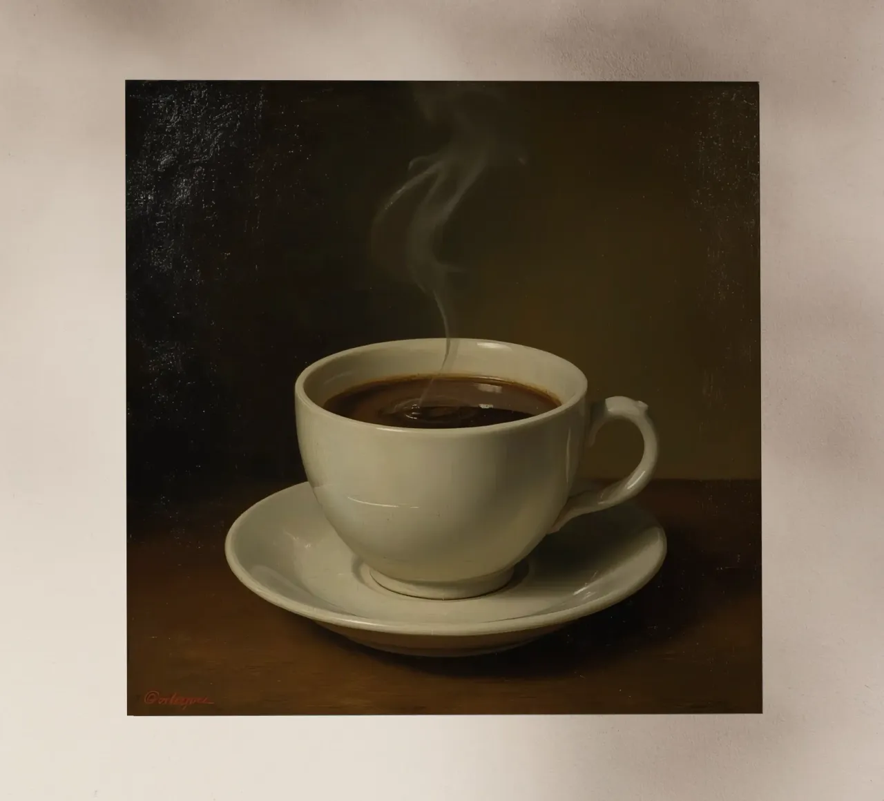 Tazza da caffè con vapore appoggiata su un piattino in un ambiente caldo pellicola backlit da DesignDoodle