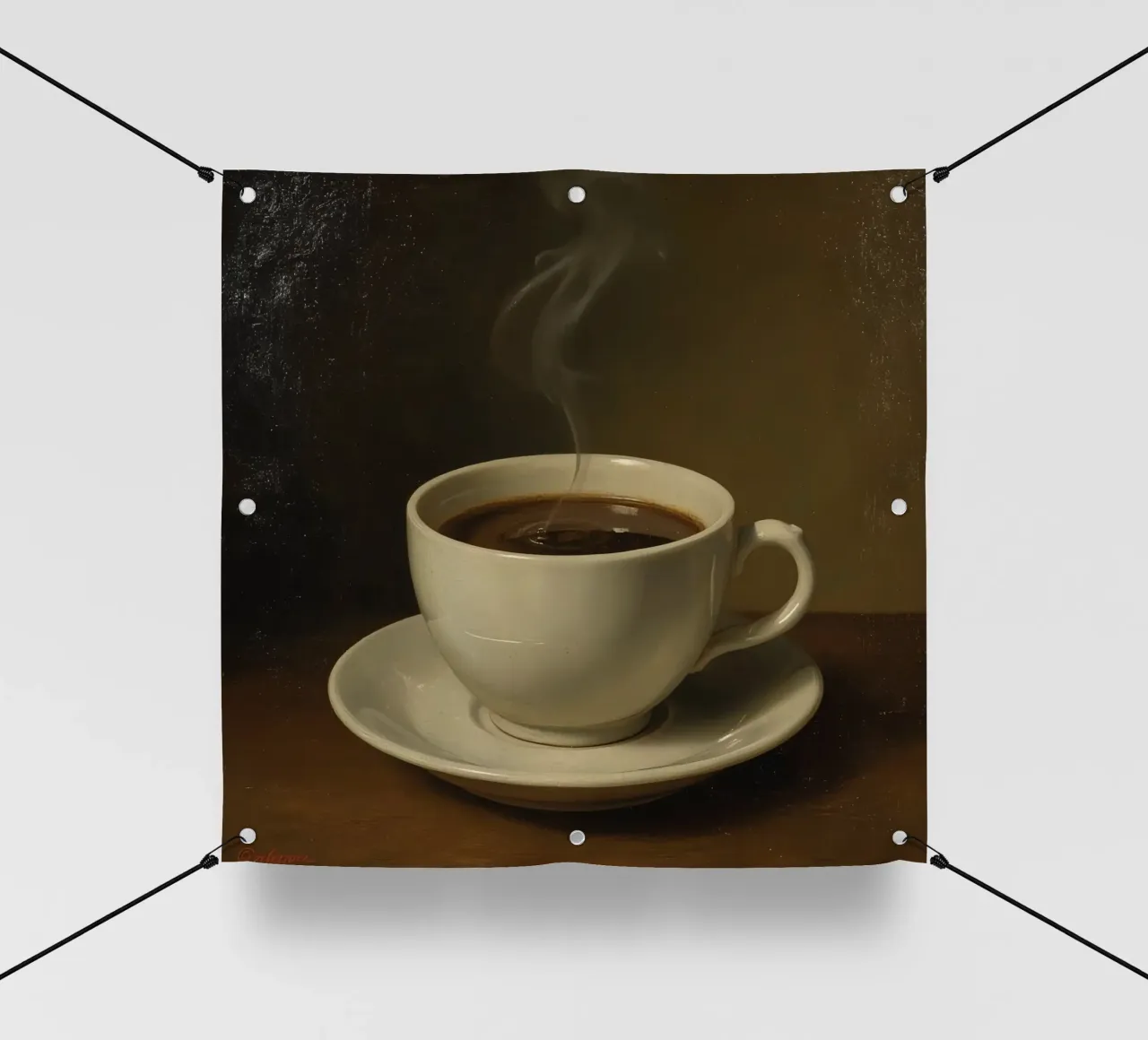 Tazza da caffè con vapore appoggiata su un piattino in un ambiente caldo telo in pvc da DesignDoodle