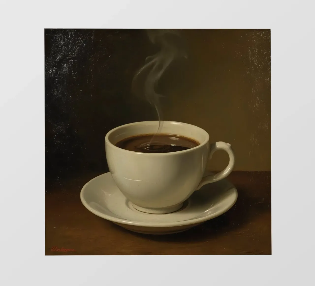 Tazza da caffè con vapore appoggiata su un piattino in un ambiente caldo telo in pvc da DesignDoodle