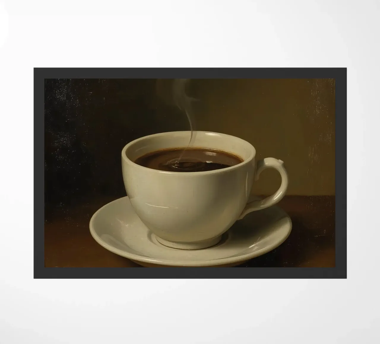 Tazza da caffè con vapore appoggiata su un piattino in un ambiente caldo zerbino da DesignDoodle