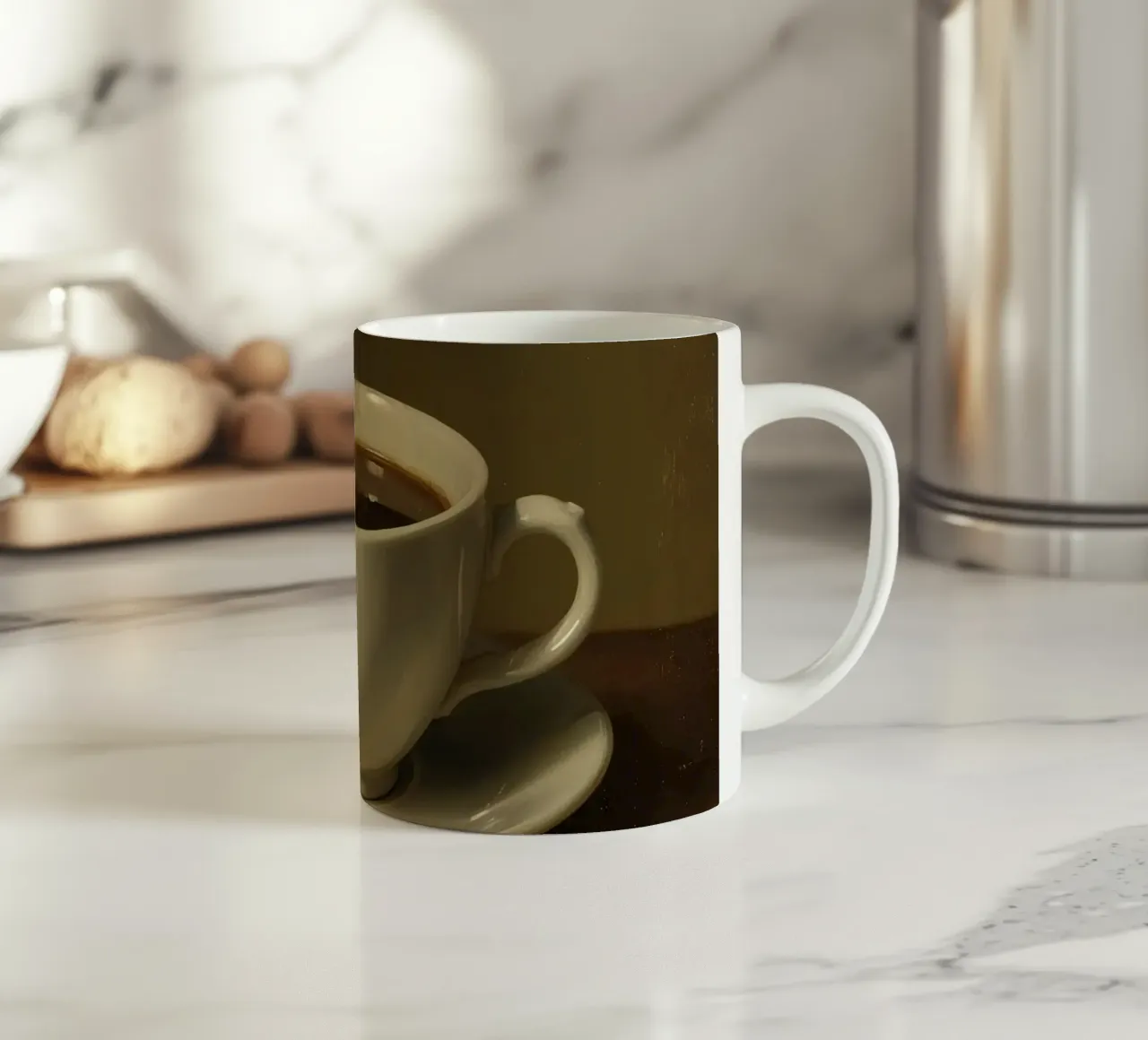Tazza da caffè con vapore appoggiata su un piattino in un ambiente caldo tazza in ceramica da DesignDoodle