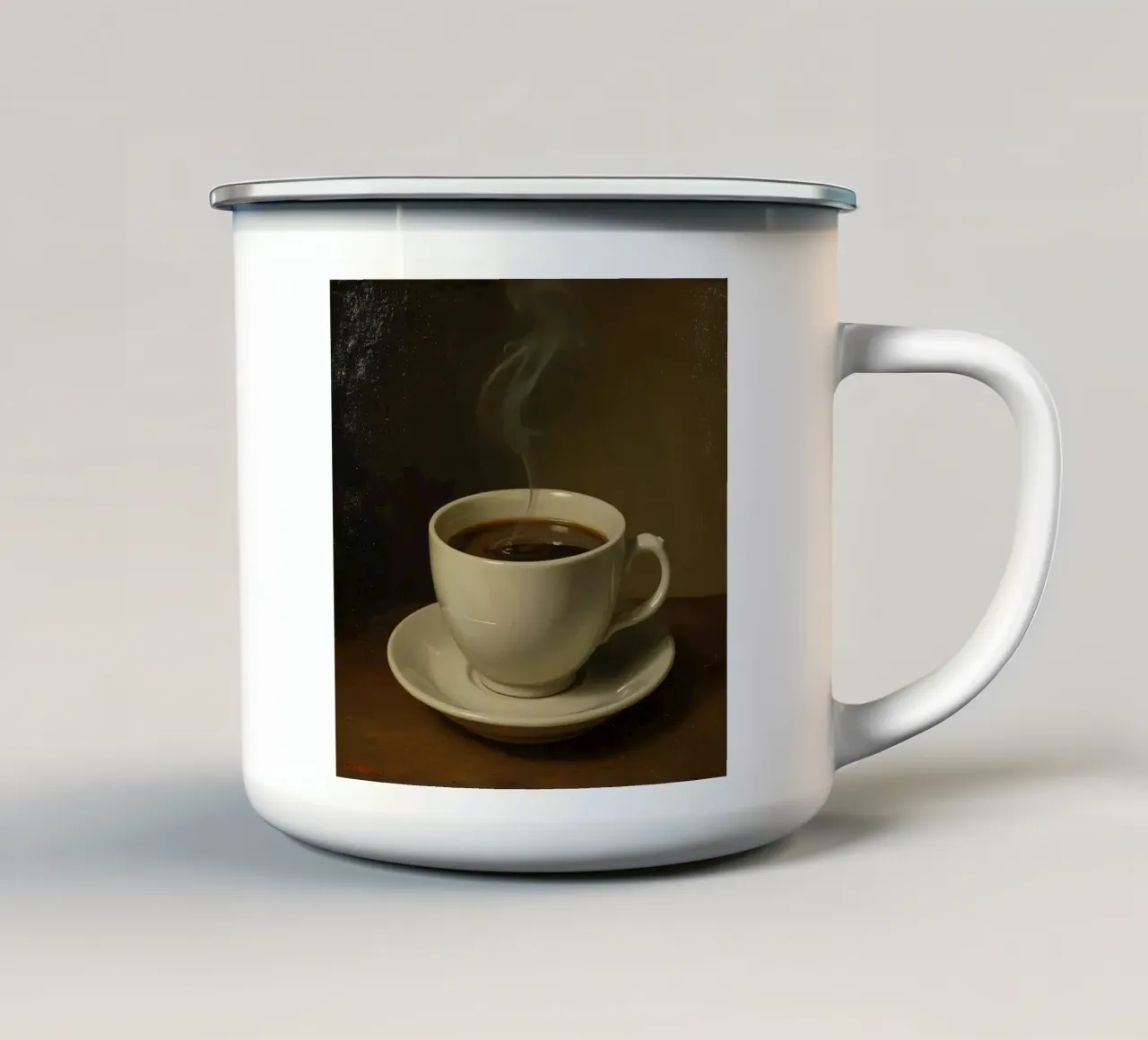 Tazza da caffè con vapore appoggiata su un piattino in un ambiente caldo tazza in smalto da DesignDoodle