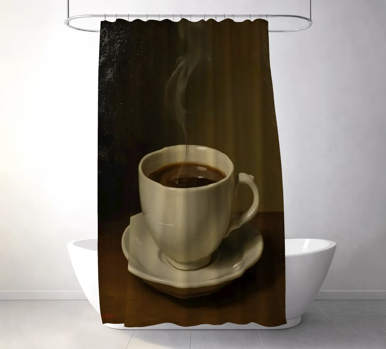 Tazza da caffè con vapore appoggiata su un piattino in un ambiente caldo tenda da doccia da DesignDoodle