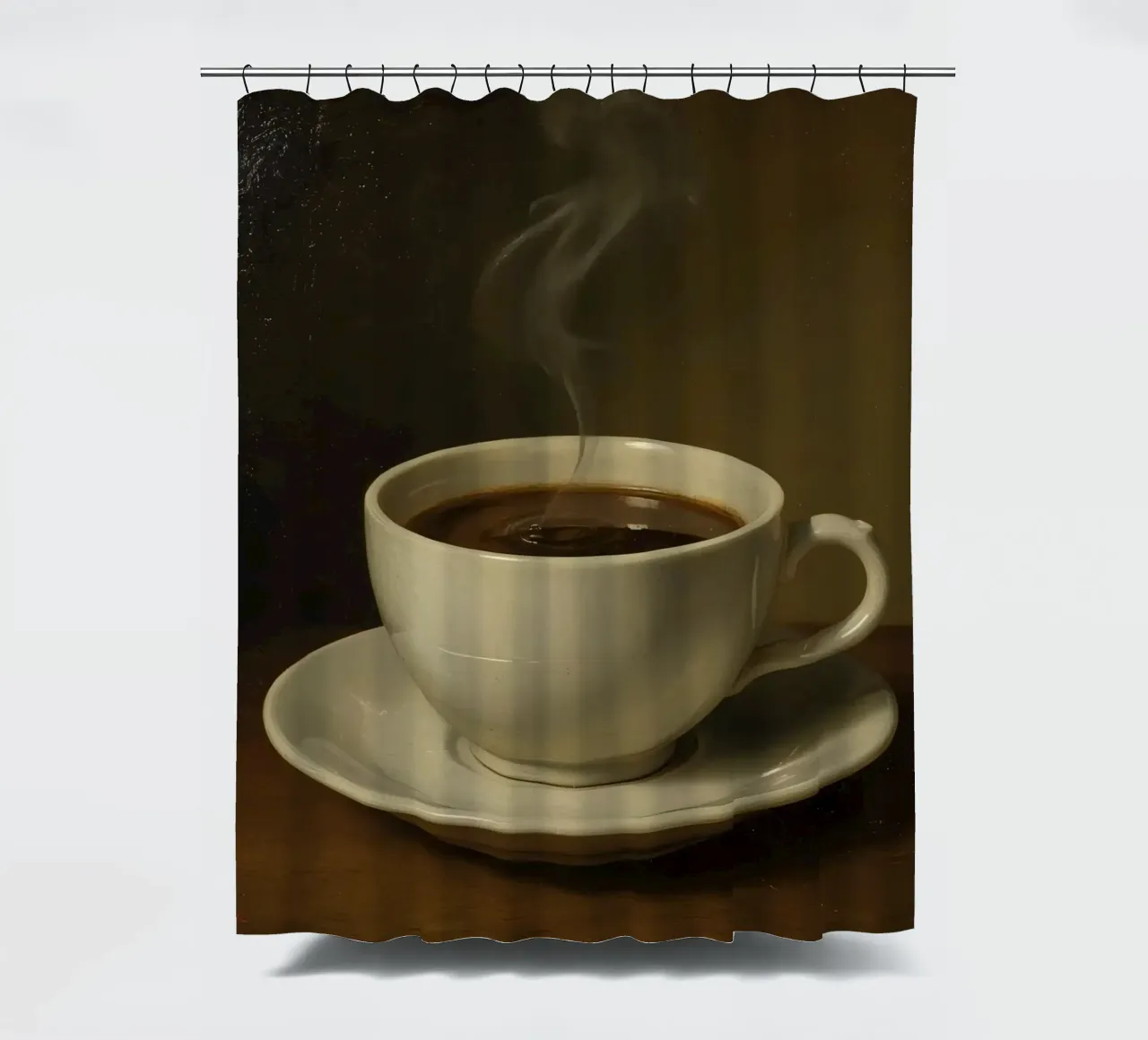 Tazza da caffè con vapore appoggiata su un piattino in un ambiente caldo tenda da doccia da DesignDoodle