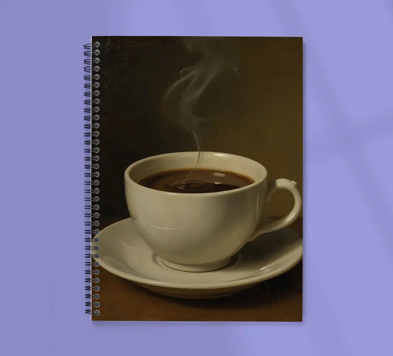 Coffee cup with steam resting on a saucer in a warm setting spiral notebook by DesignDoodle