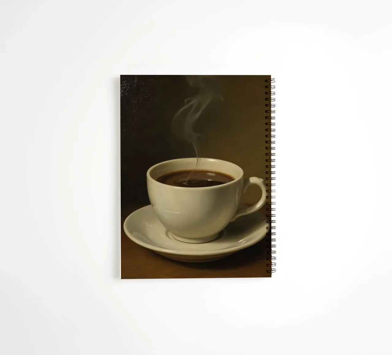 Coffee cup with steam resting on a saucer in a warm setting spiral notebook by DesignDoodle