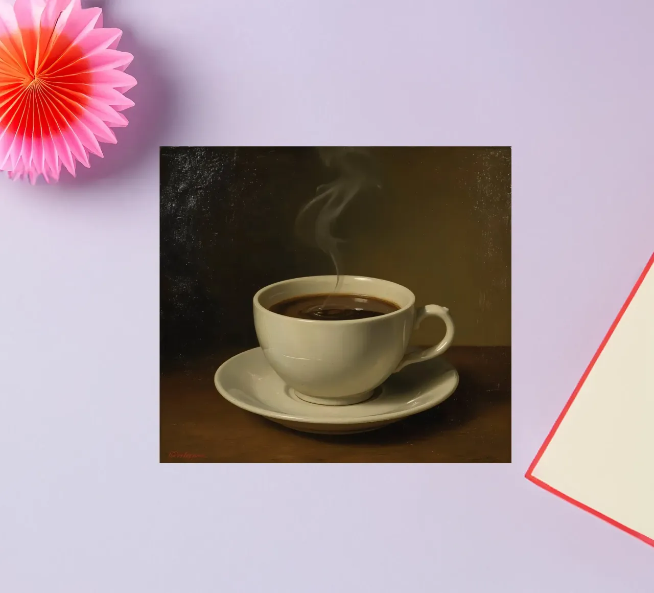 Tazza da caffè con vapore appoggiata su un piattino in un ambiente caldo adesivo da DesignDoodle
