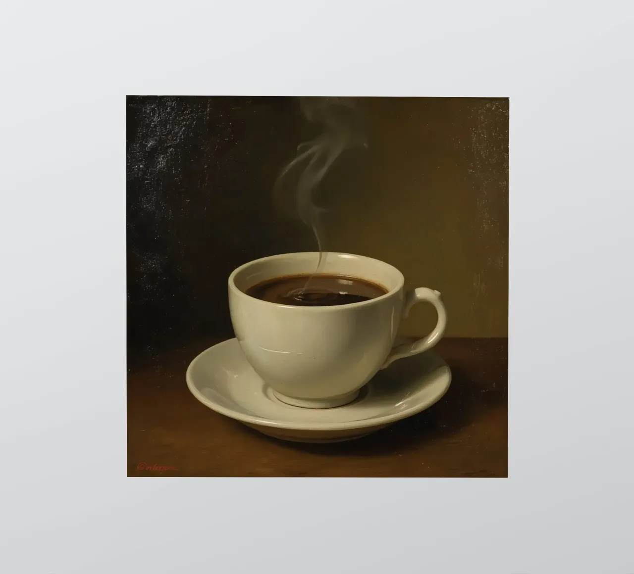 Tazza da caffè con vapore appoggiata su un piattino in un ambiente caldo adesivo da DesignDoodle