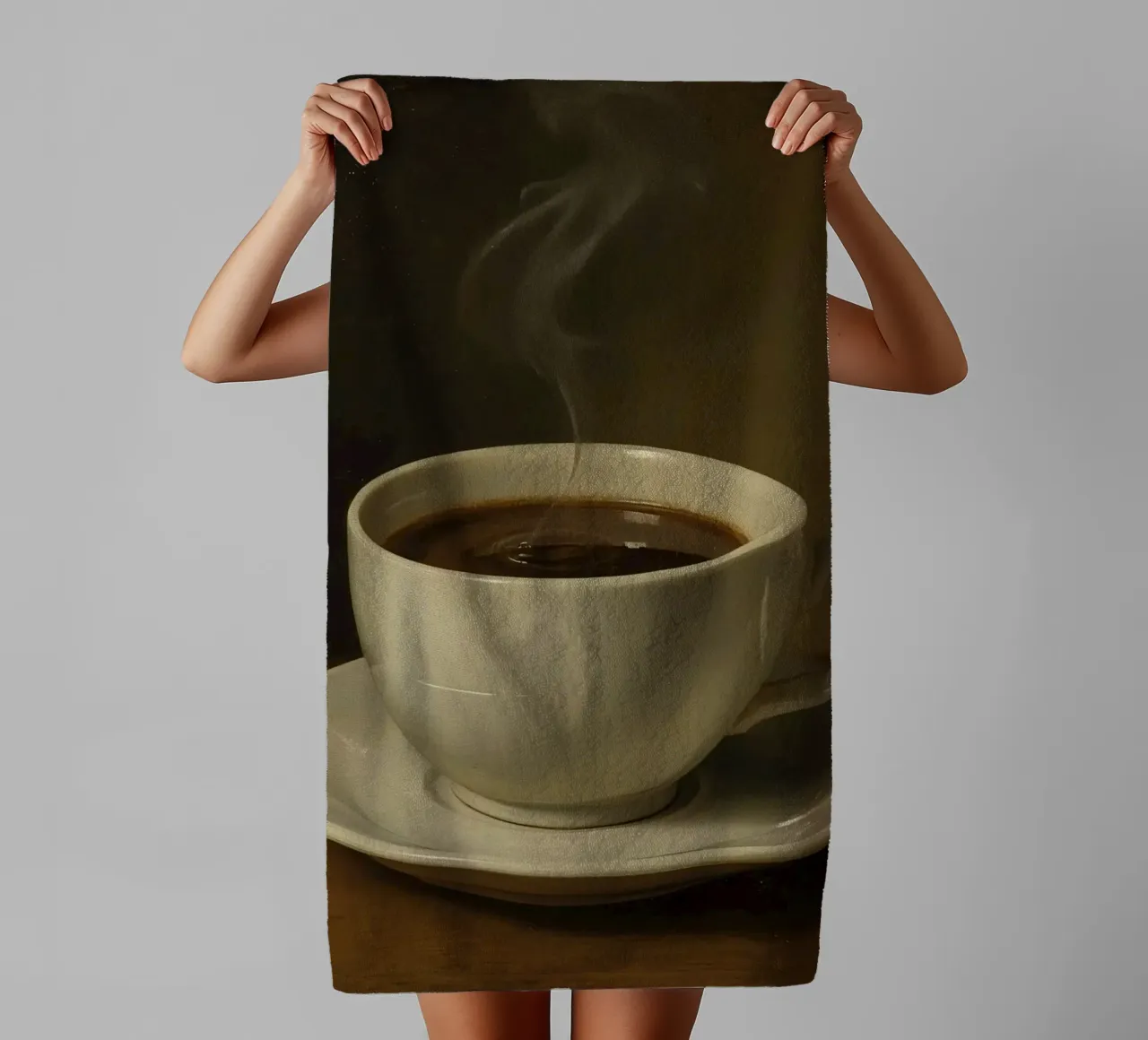 Coffee cup with steam resting on a saucer in a warm setting towel by DesignDoodle