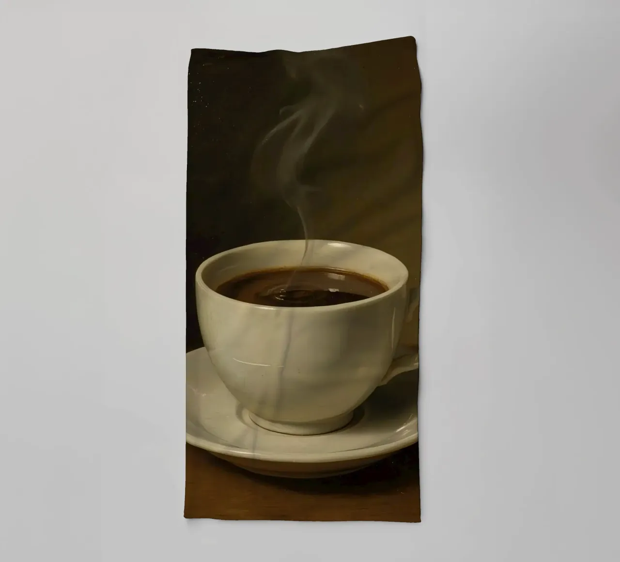 Coffee cup with steam resting on a saucer in a warm setting towel by DesignDoodle