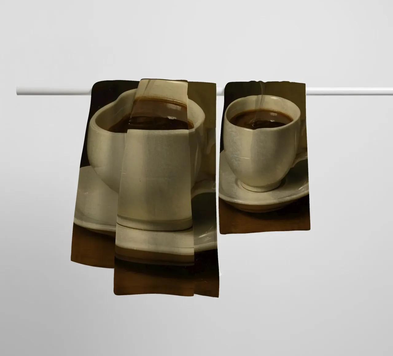 Coffee cup with steam resting on a saucer in a warm setting towel by DesignDoodle