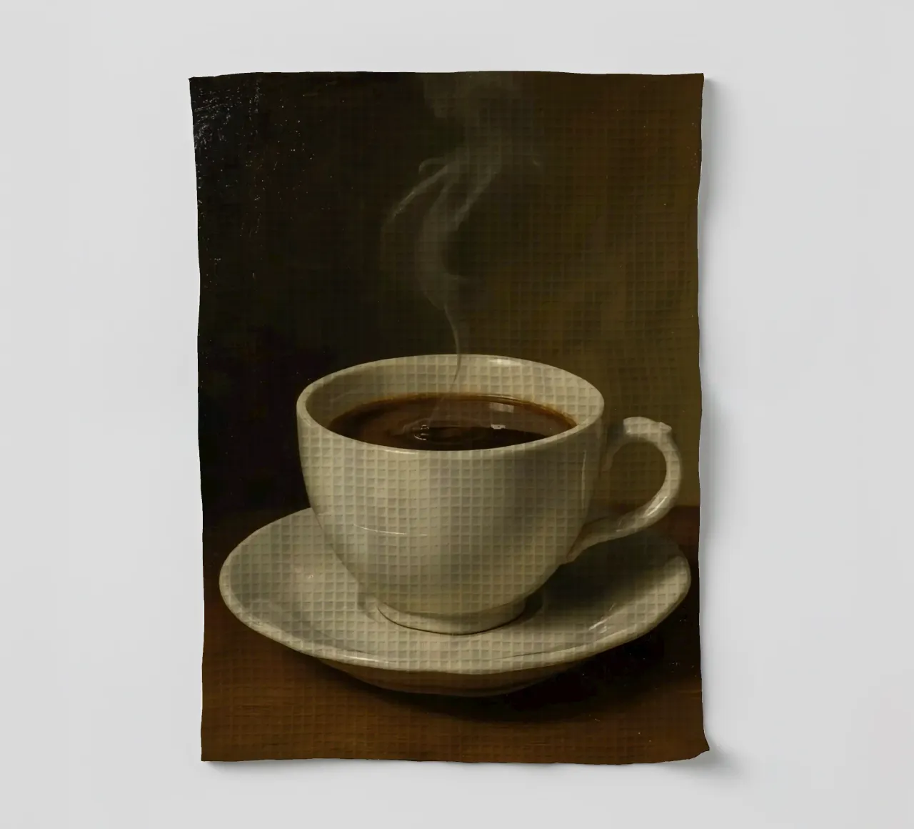 Tazza da caffè con vapore appoggiata su un piattino in un ambiente caldo canovaccio da cucina da DesignDoodle