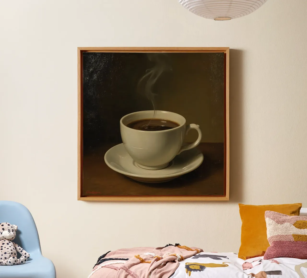 Tazza da caffè con vapore appoggiata su un piattino in un ambiente caldo tela con Cornice a cassetta da DesignDoodle