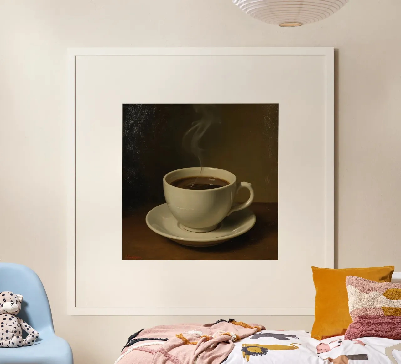 Coffee cup with steam resting on a saucer in a warm setting hahnemühle by DesignDoodle