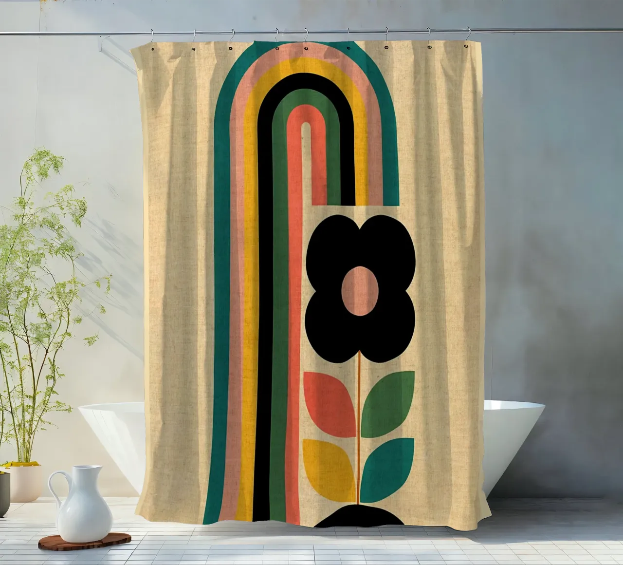 Ilustración retro de flores y arco iris cortina de baño de Edson Studio