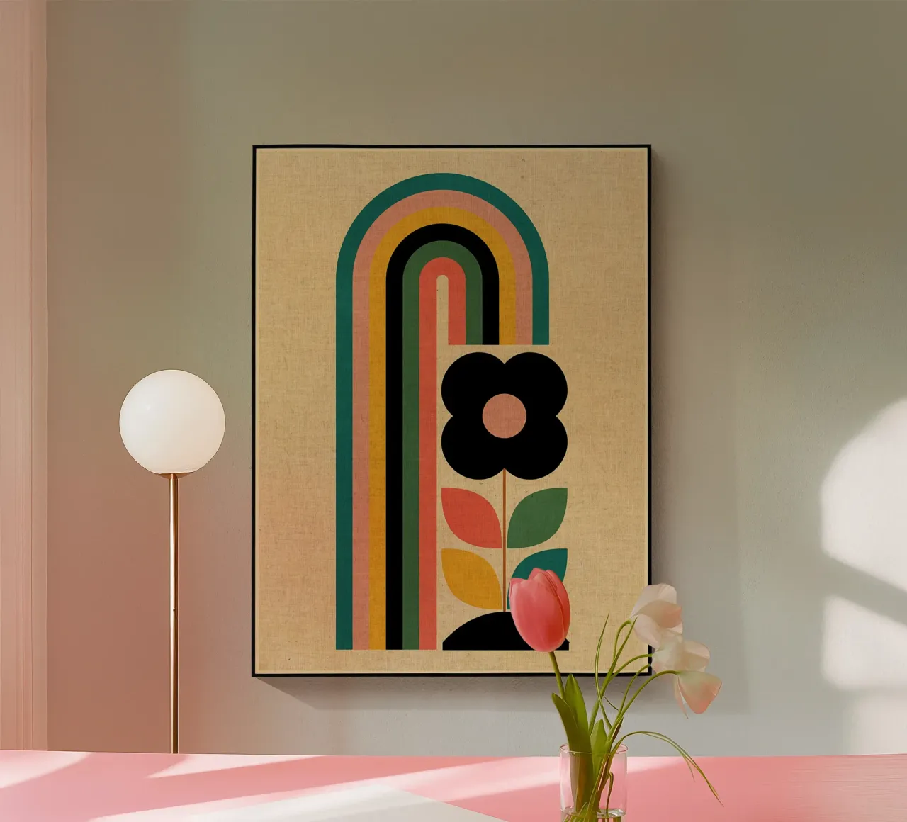 Ilustración retro de flores y arco iris metacrilato de Edson Studio