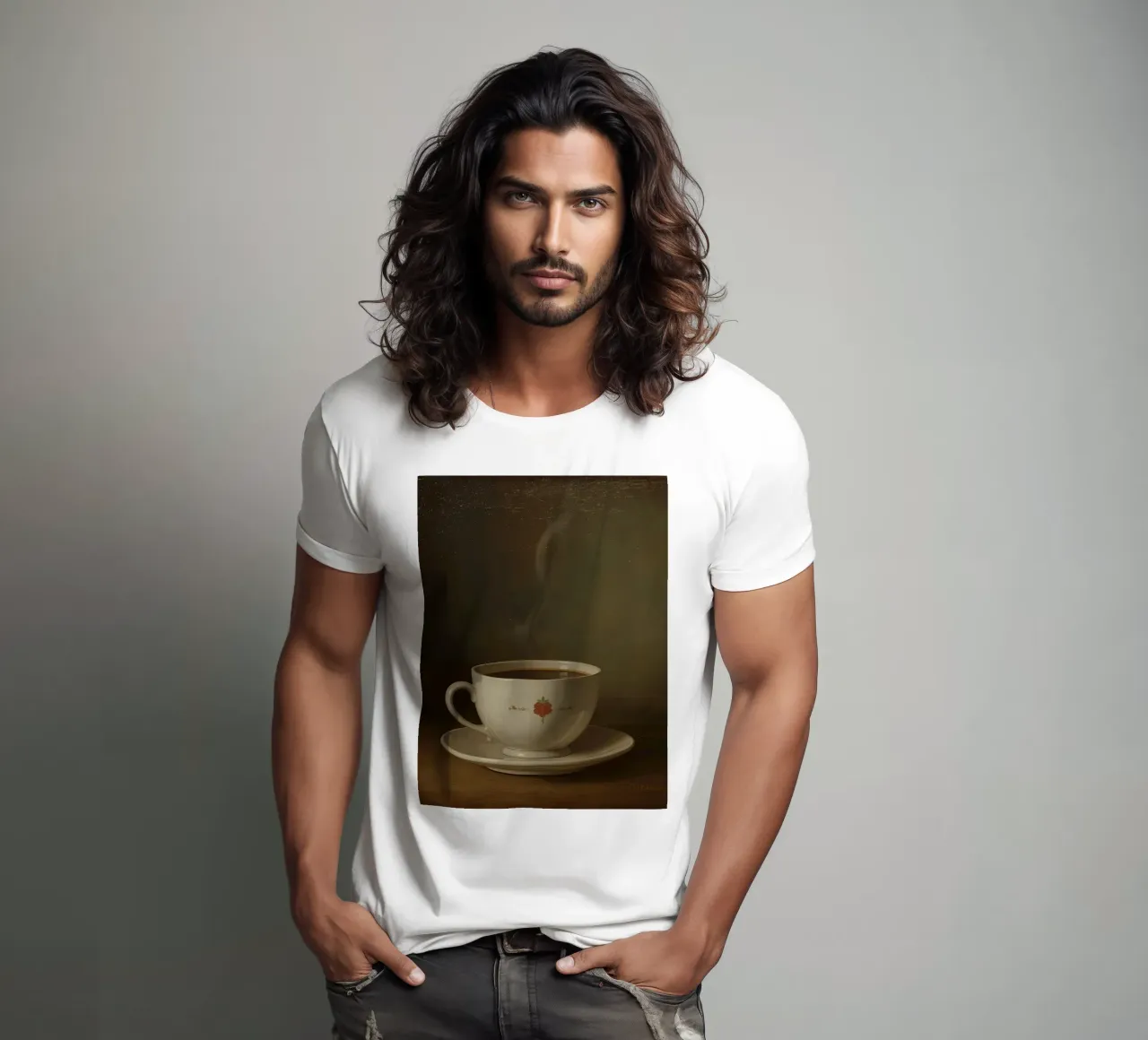 Tazza di caffè calda appoggiata su un piattino con un leggero vapore t-shirt da DesignDoodle