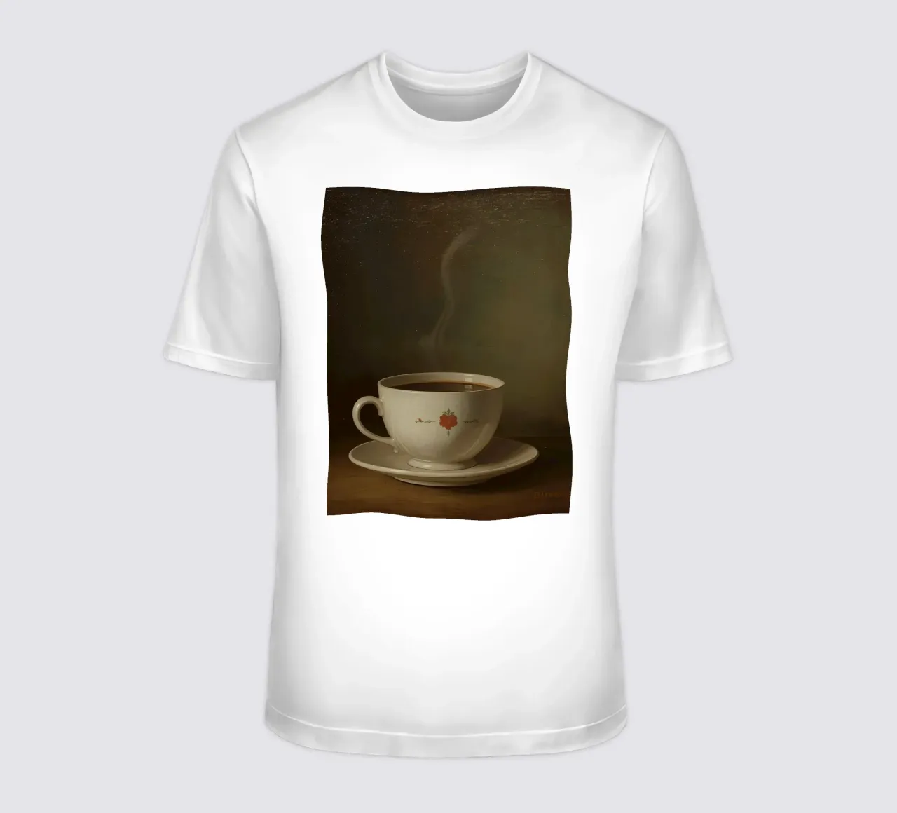 Tazza di caffè calda appoggiata su un piattino con un leggero vapore t-shirt da DesignDoodle