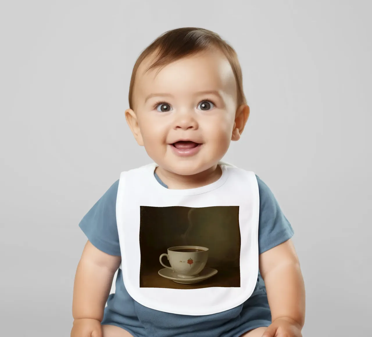 Tazza di caffè calda appoggiata su un piattino con un leggero vapore bavaglino da DesignDoodle