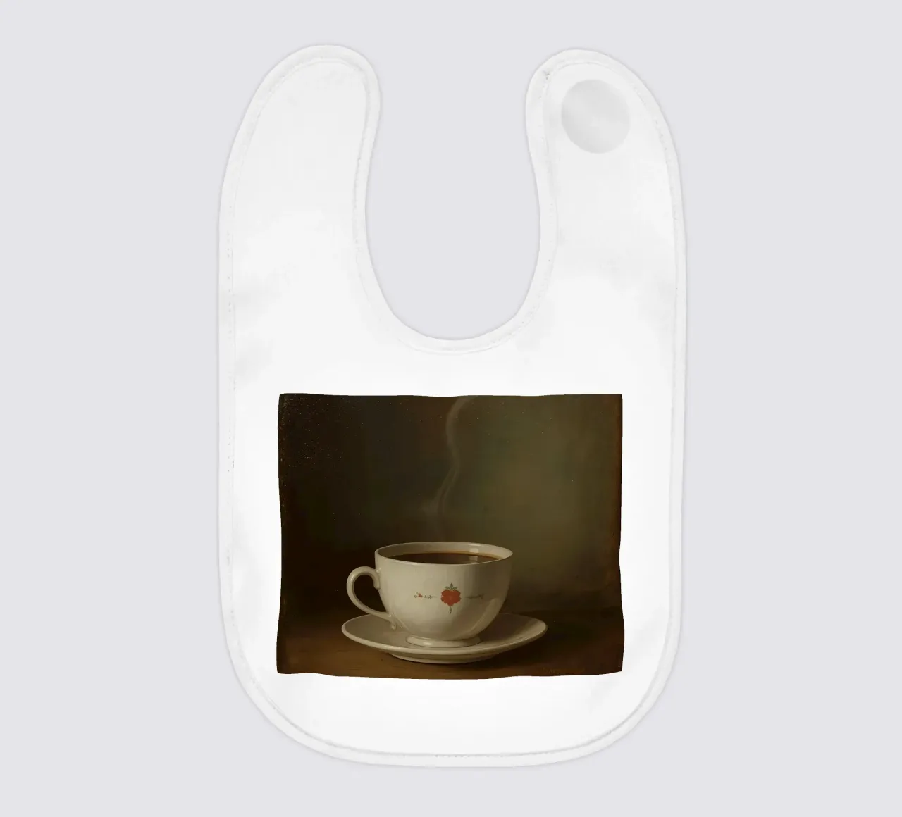 Tazza di caffè calda appoggiata su un piattino con un leggero vapore bavaglino da DesignDoodle