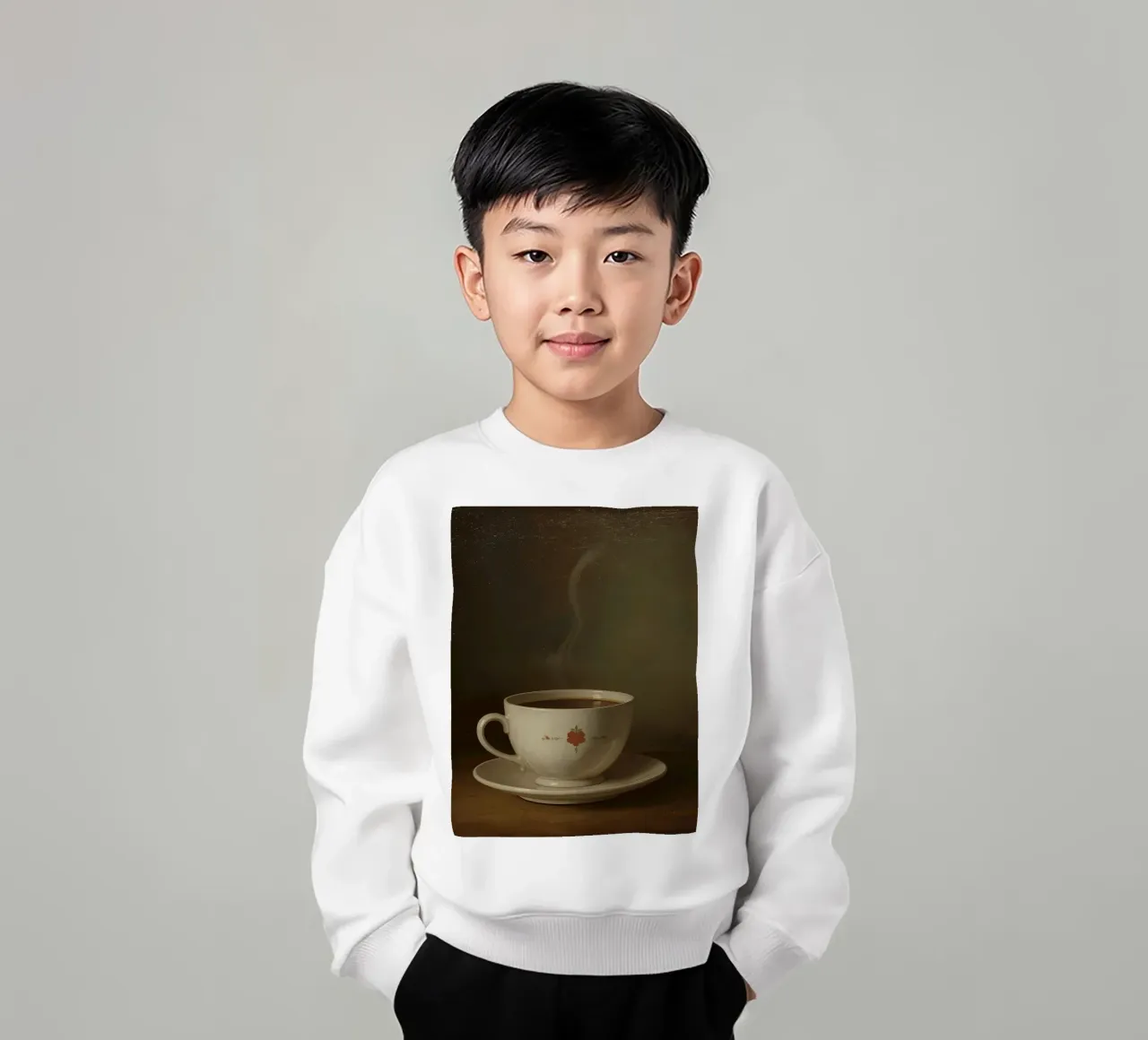 Tazza di caffè calda appoggiata su un piattino con un leggero vapore felpa bambino da DesignDoodle