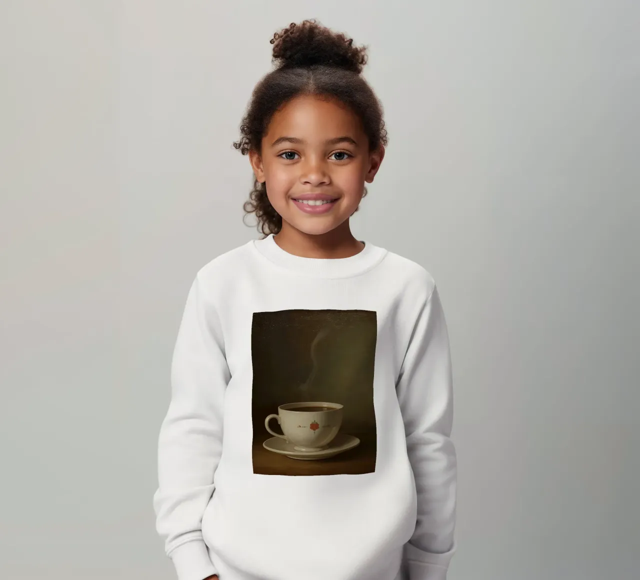 Tazza di caffè calda appoggiata su un piattino con un leggero vapore felpa bambino da DesignDoodle