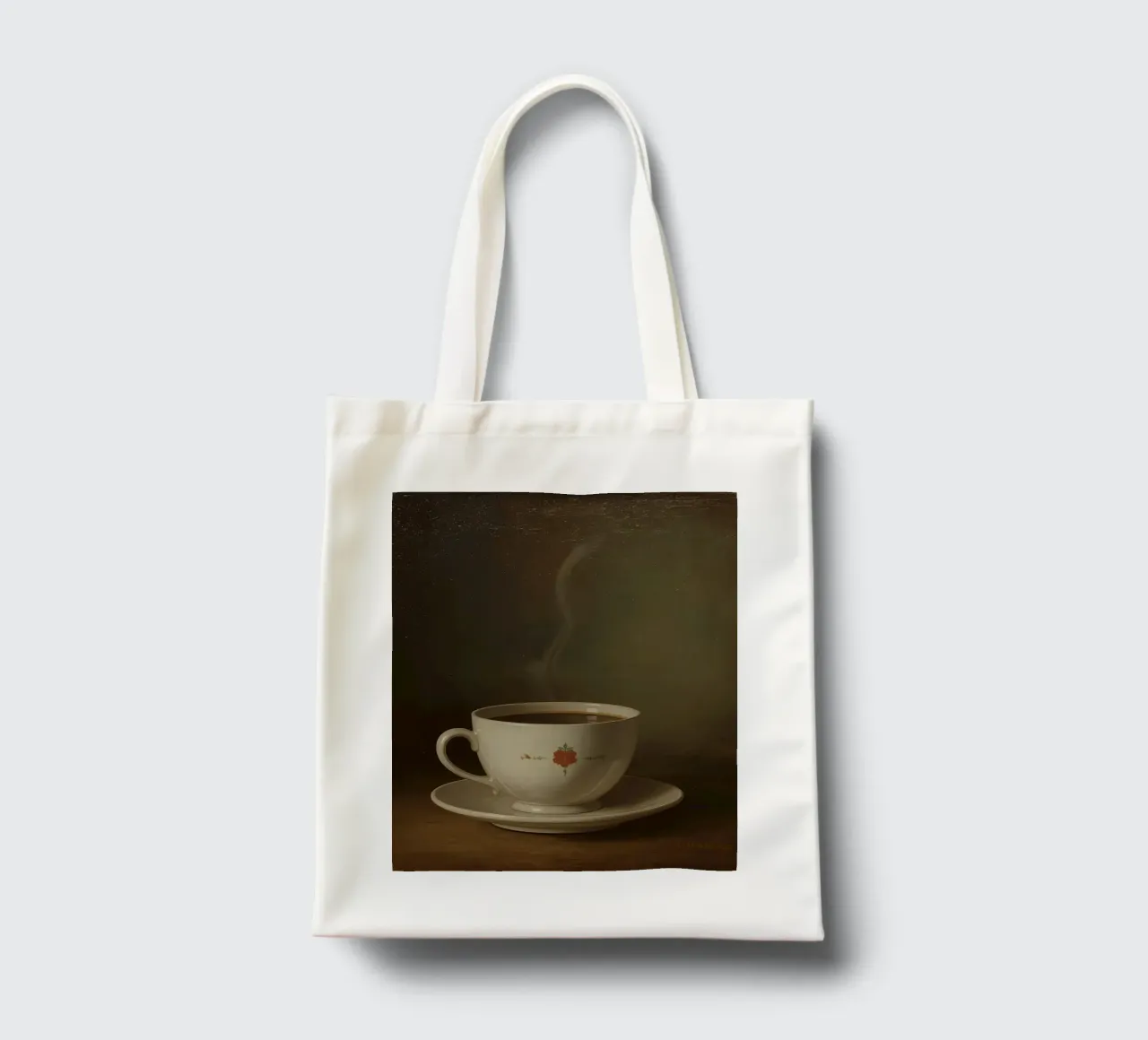 Tazza di caffè calda appoggiata su un piattino con un leggero vapore borsa in juta da DesignDoodle