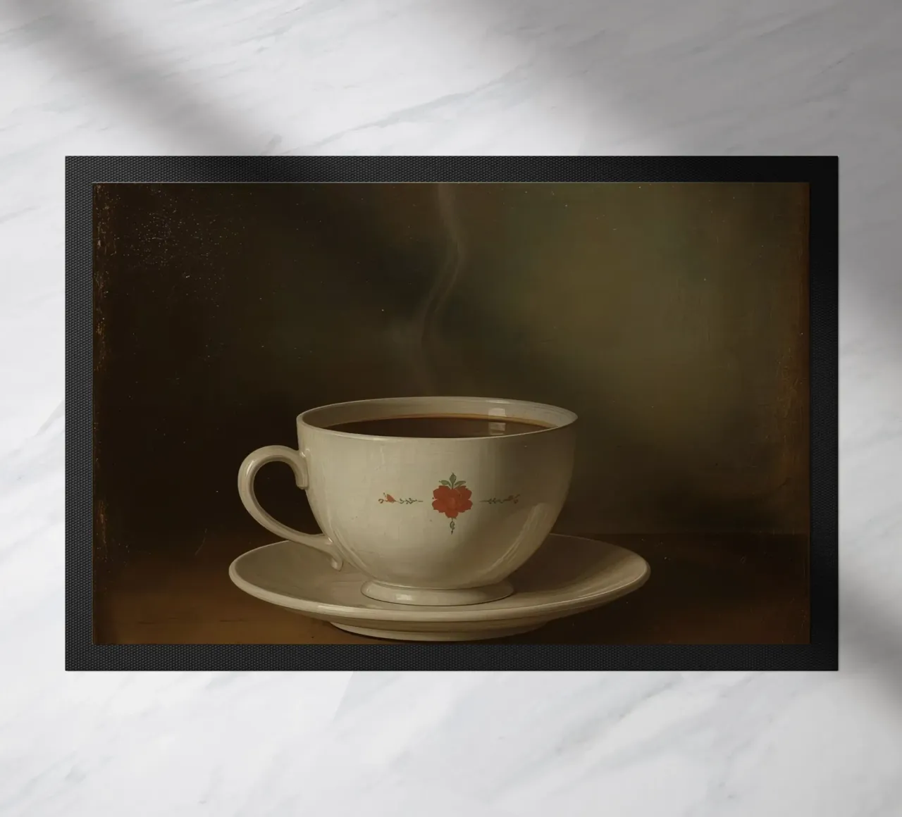 Tazza di caffè calda appoggiata su un piattino con un leggero vapore zerbino da DesignDoodle