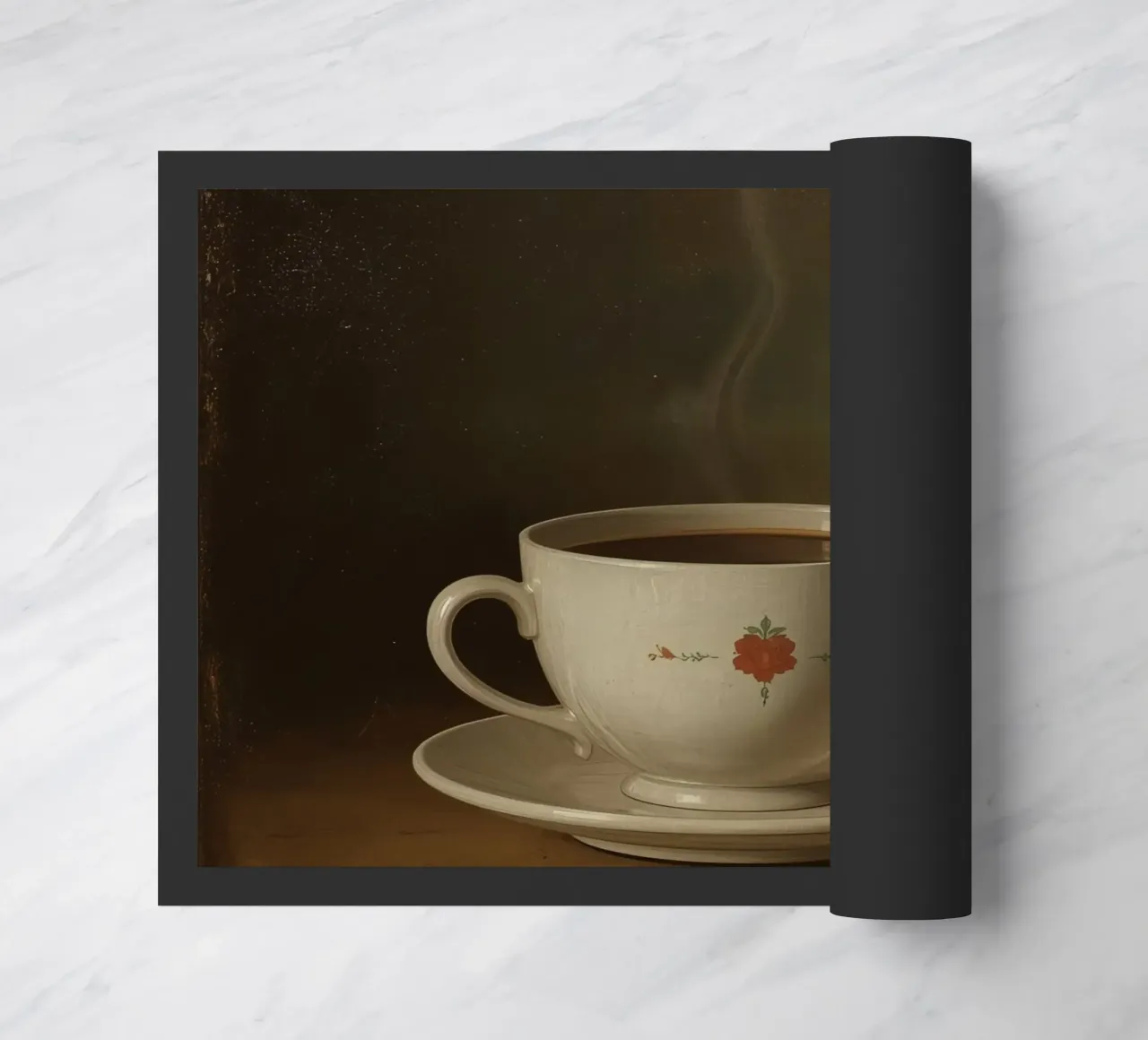 Tazza di caffè calda appoggiata su un piattino con un leggero vapore zerbino da DesignDoodle