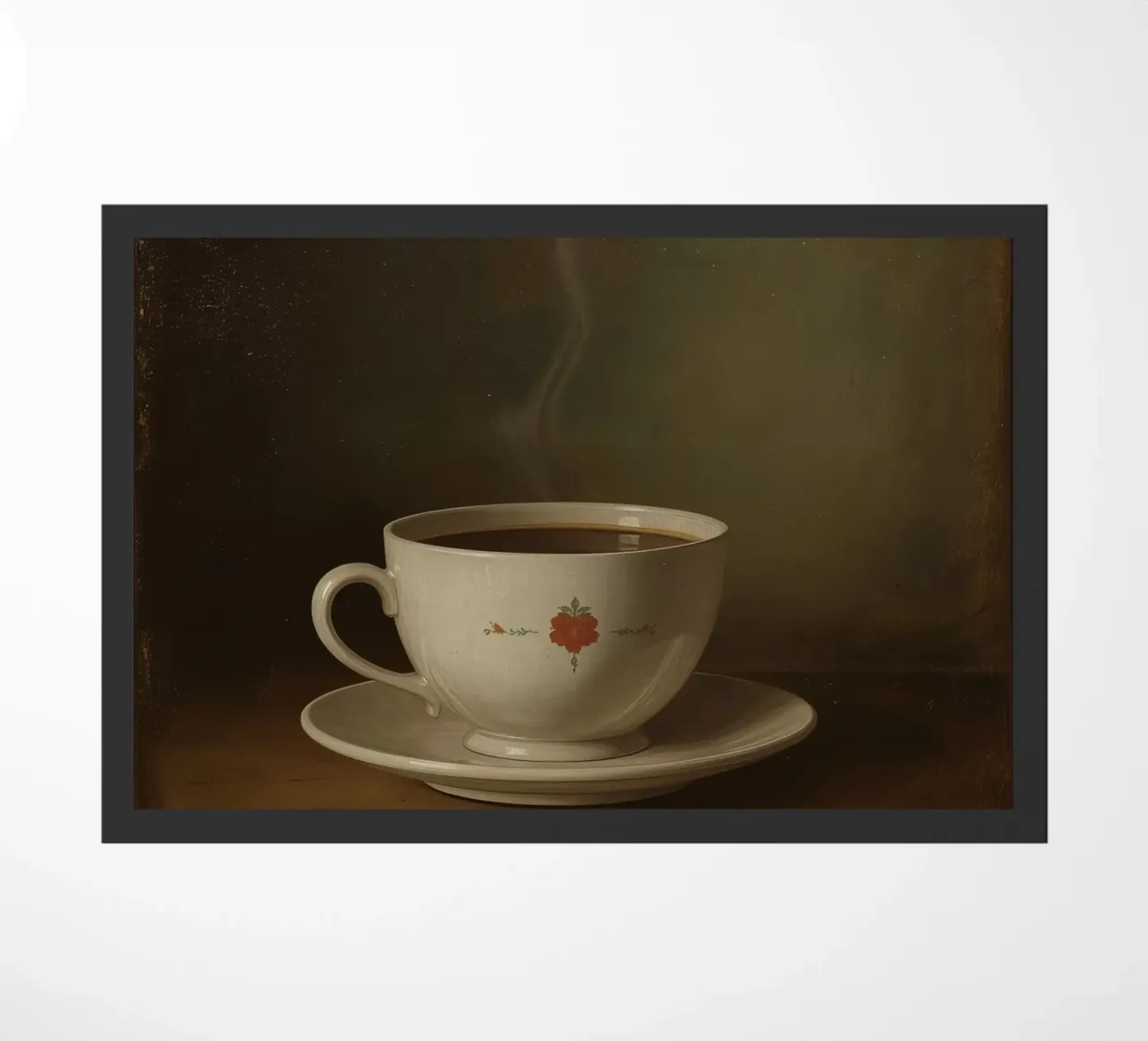 Tazza di caffè calda appoggiata su un piattino con un leggero vapore zerbino da DesignDoodle