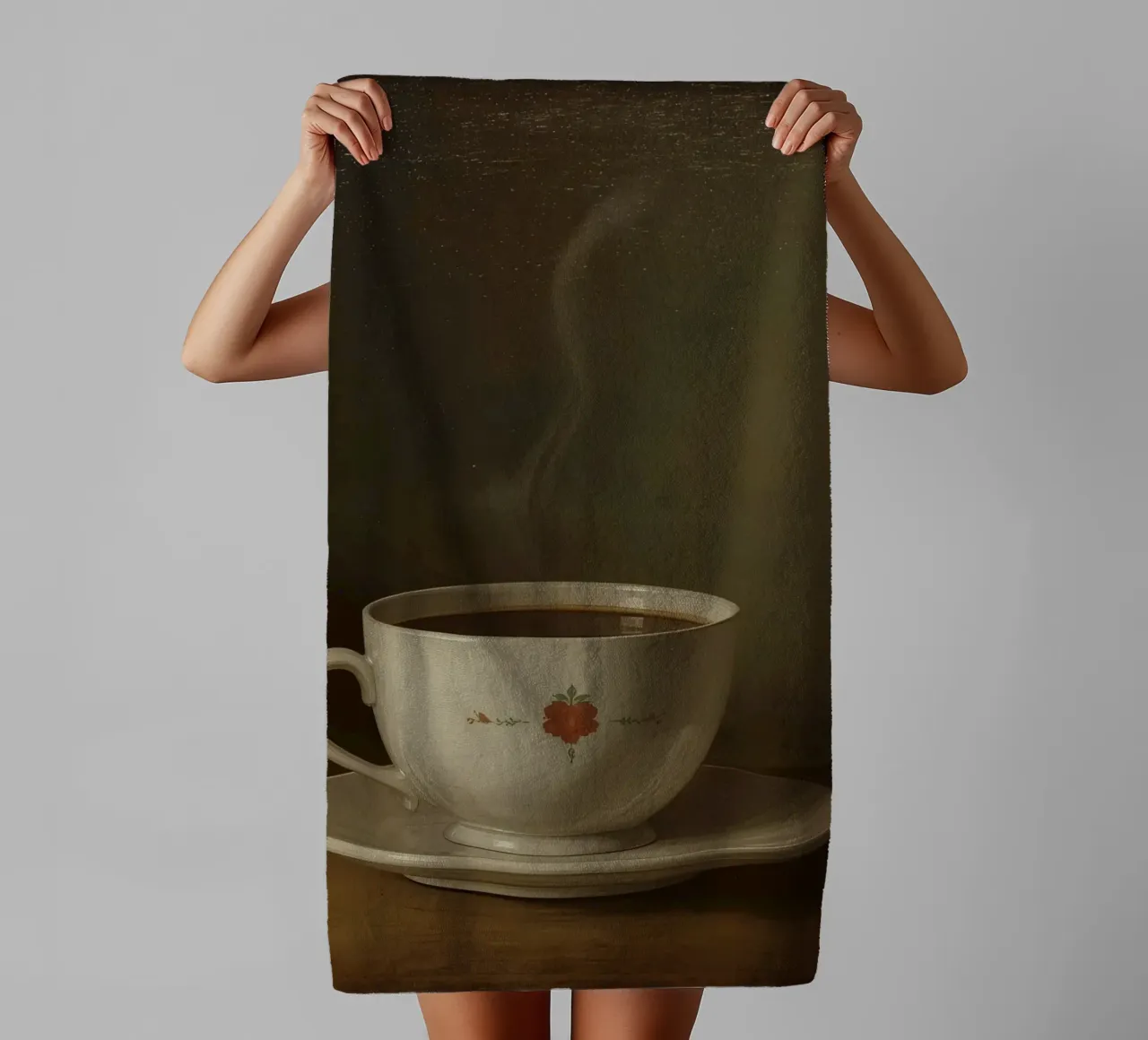 Tazza di caffè calda appoggiata su un piattino con un leggero vapore asciugamano da bagno da DesignDoodle
