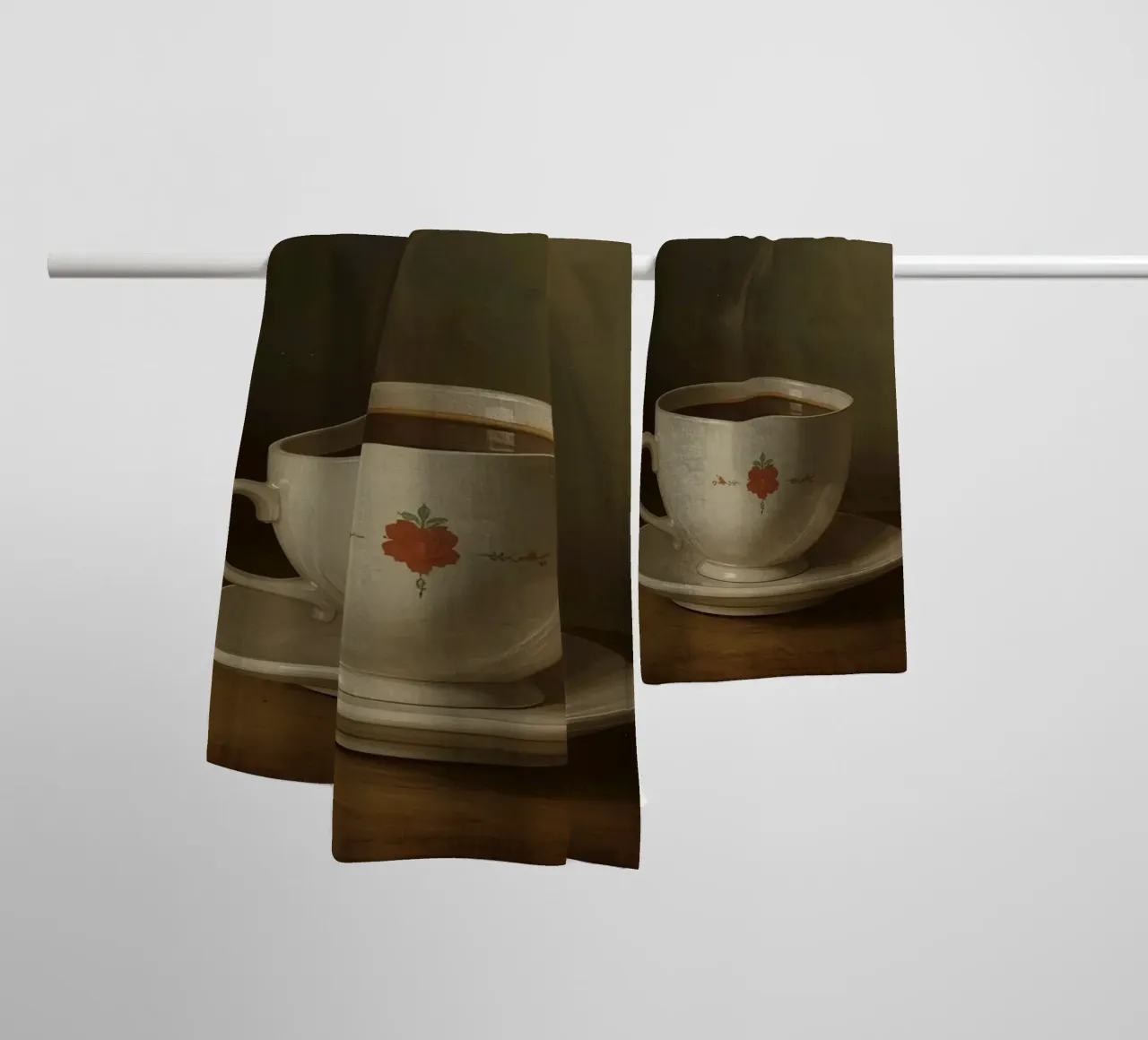 Tazza di caffè calda appoggiata su un piattino con un leggero vapore asciugamano da bagno da DesignDoodle