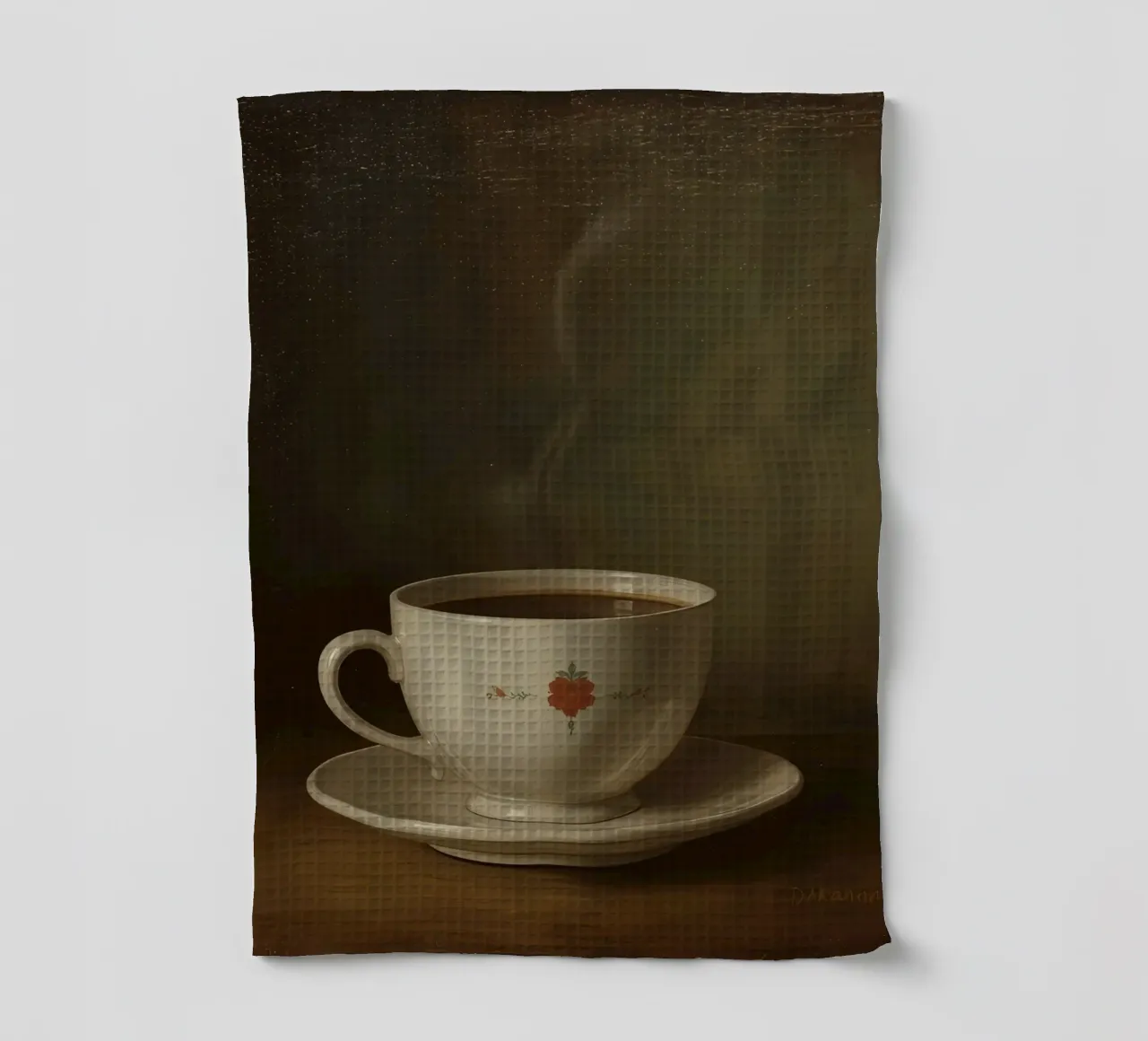 Tazza di caffè calda appoggiata su un piattino con un leggero vapore canovaccio da cucina da DesignDoodle