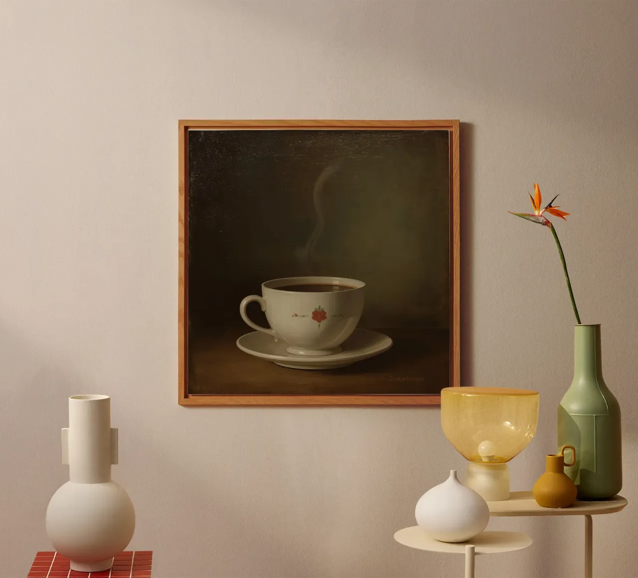 Tazza di caffè calda appoggiata su un piattino con un leggero vapore alluminio dibond da DesignDoodle