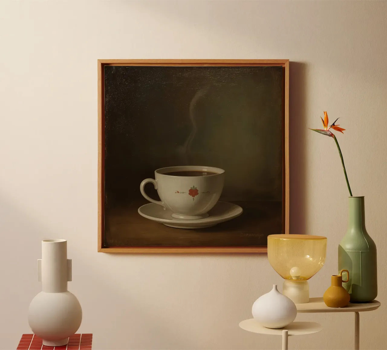 Tazza di caffè calda appoggiata su un piattino con un leggero vapore tela con Cornice a cassetta da DesignDoodle
