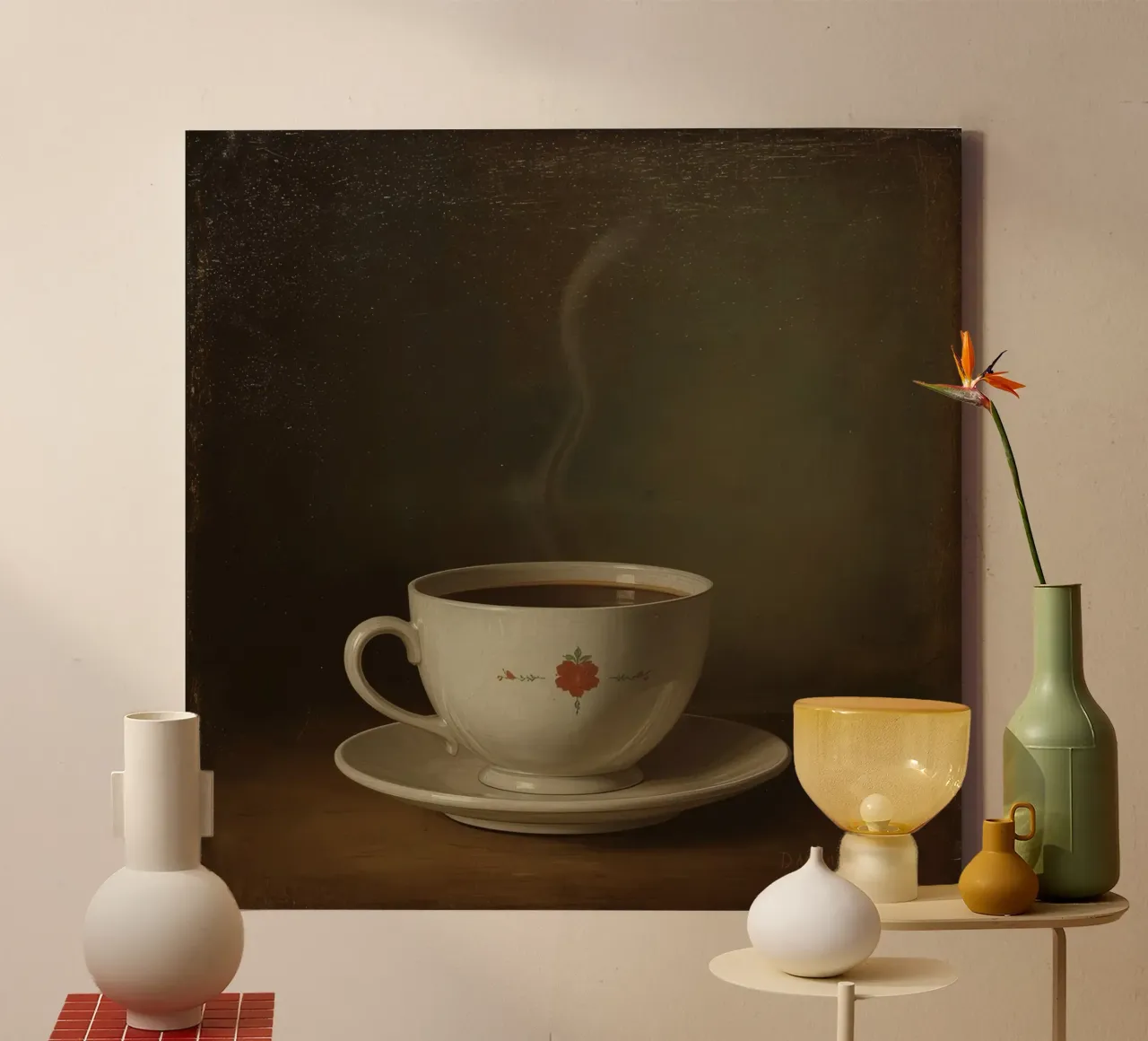 Tazza di caffè calda appoggiata su un piattino con un leggero vapore tela con Cornice a cassetta da DesignDoodle