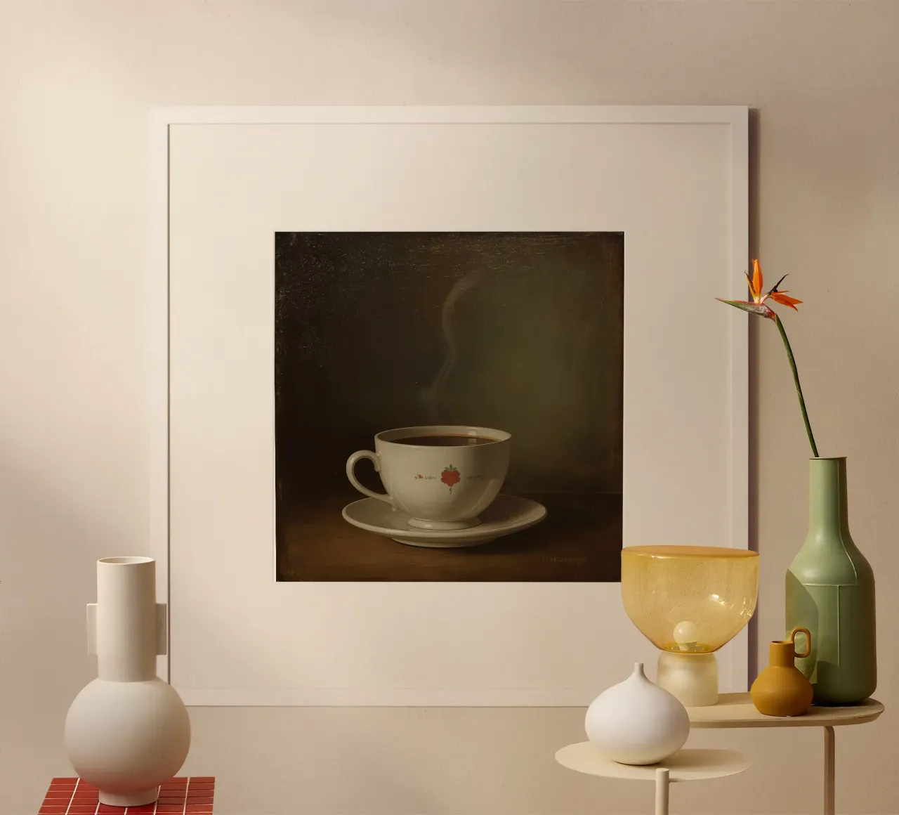 Tazza di caffè calda appoggiata su un piattino con un leggero vapore poster con telaio in plastica da DesignDoodle