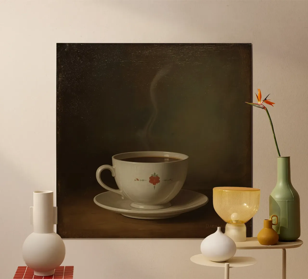Tazza di caffè calda appoggiata su un piattino con un leggero vapore poster con telaio in plastica da DesignDoodle