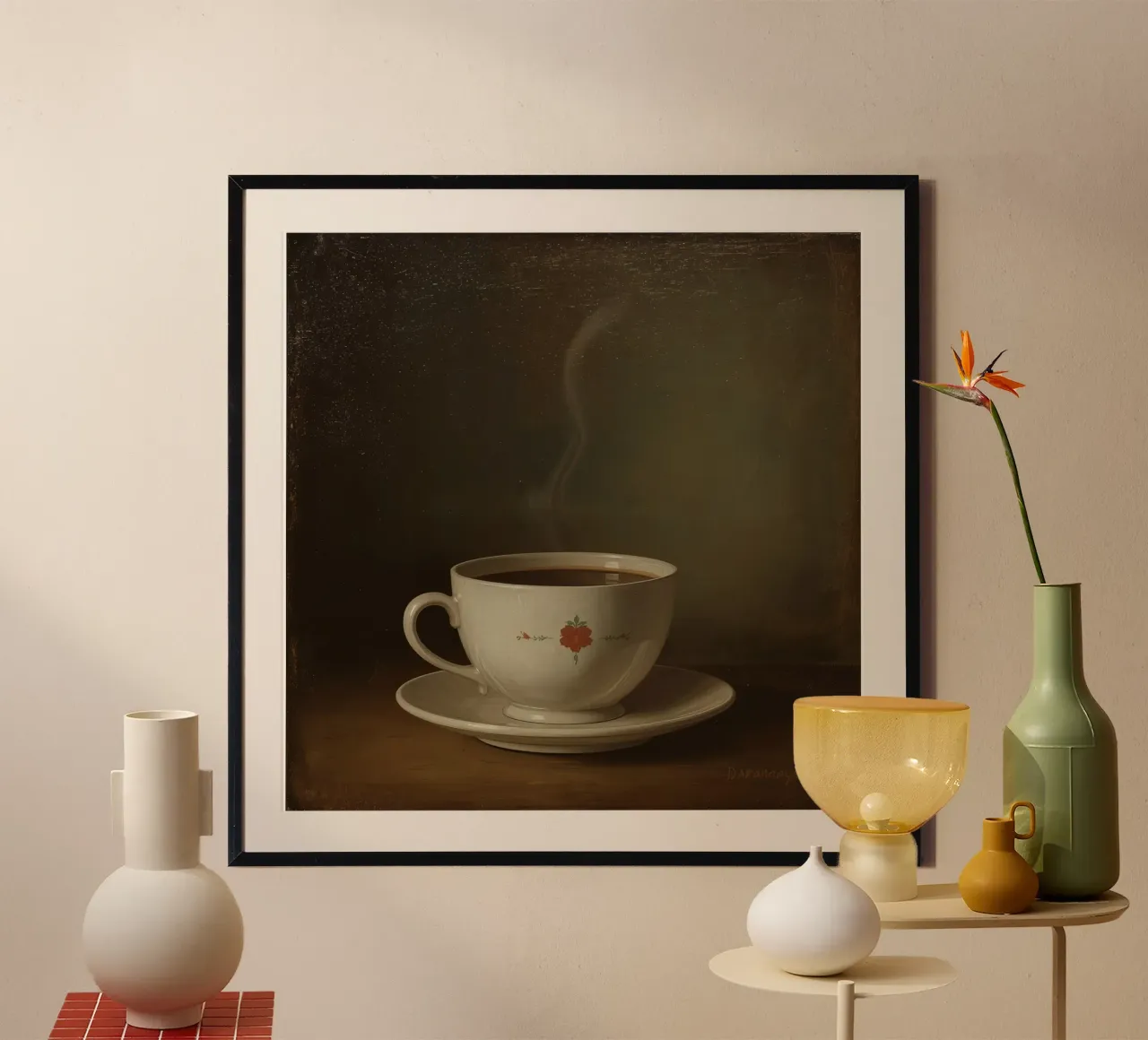 Tazza di caffè calda appoggiata su un piattino con un leggero vapore poster con telaio in plastica da DesignDoodle