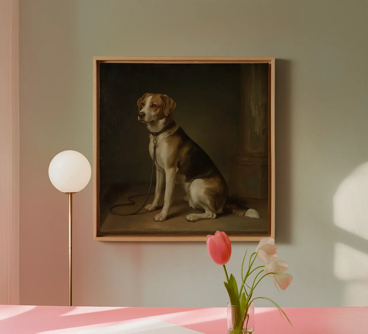 Dog in a classic pose against a dark backdrop canvas with Floater frame by DesignDoodle