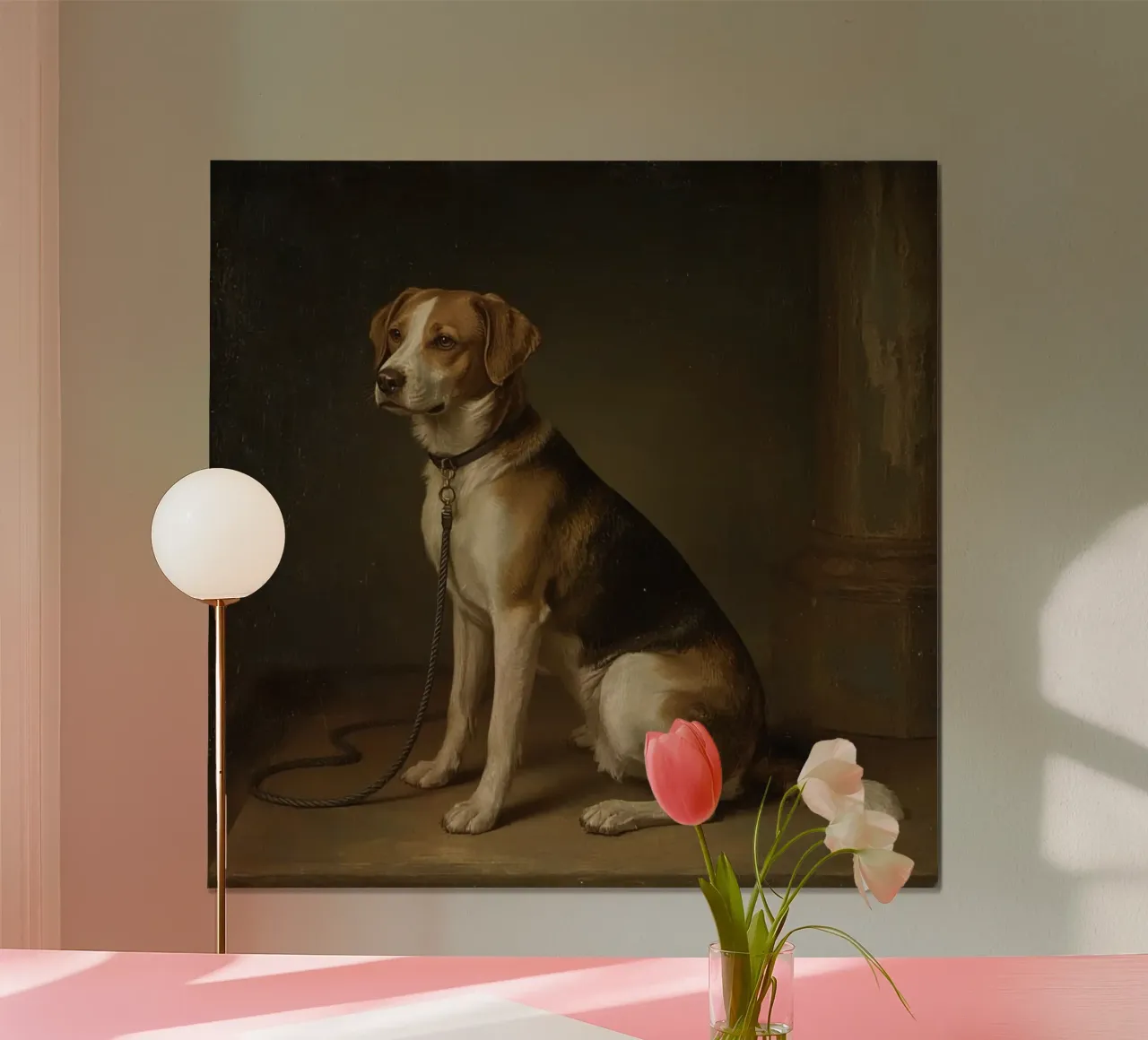 Chien dans une pose classique sur fond sombre poster avec cadre en plastique de DesignDoodle