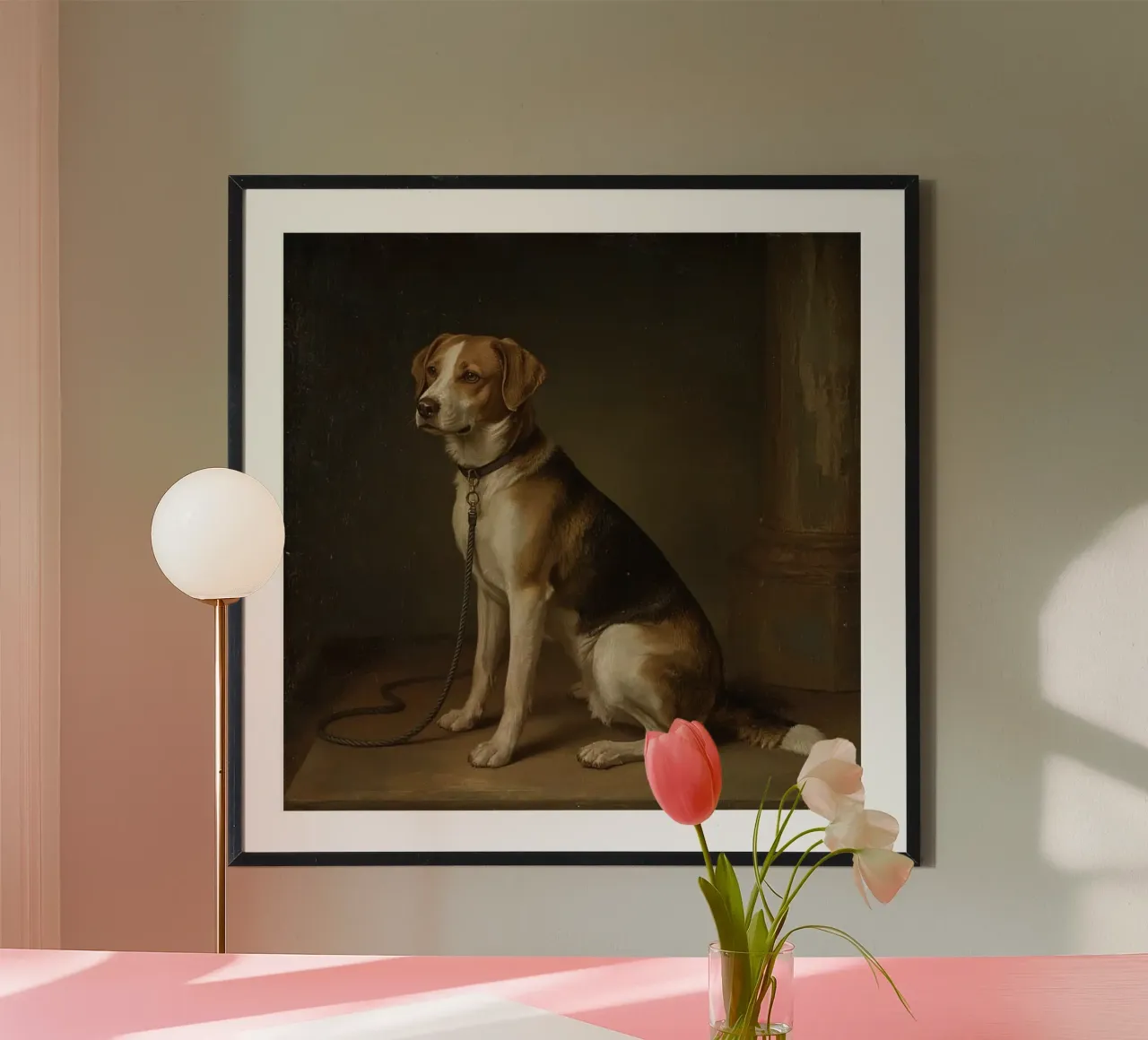 Chien dans une pose classique sur fond sombre poster avec cadre en plastique de DesignDoodle