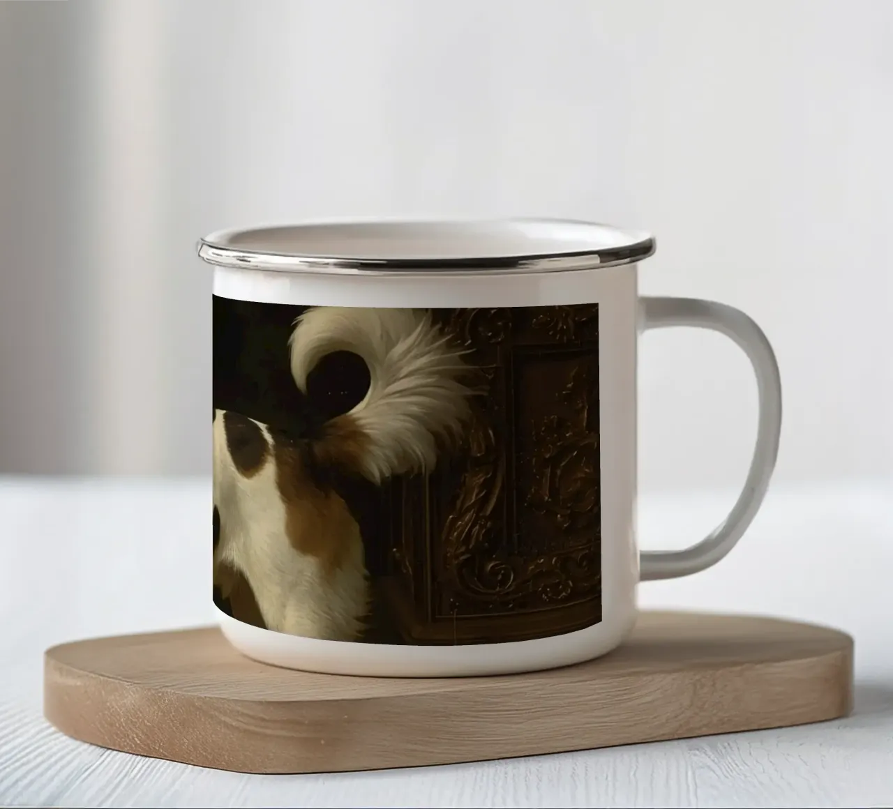 Cane in piedi con grazia sfondo ornato in una stanza classica tazza in smalto da DesignDoodle