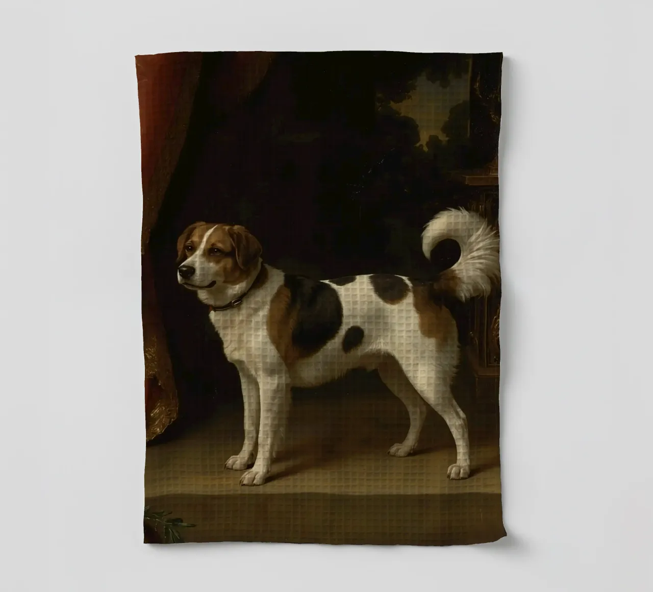 Chien se tenant gracieusement debout sur une toile de fond ornée dans une pièce classique torchon de DesignDoodle