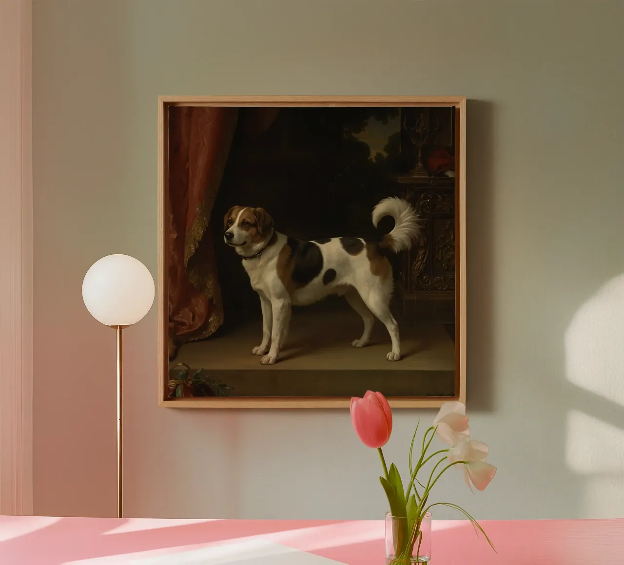 Cane in piedi con grazia sfondo ornato in una stanza classica tela con Cornice a cassetta da DesignDoodle