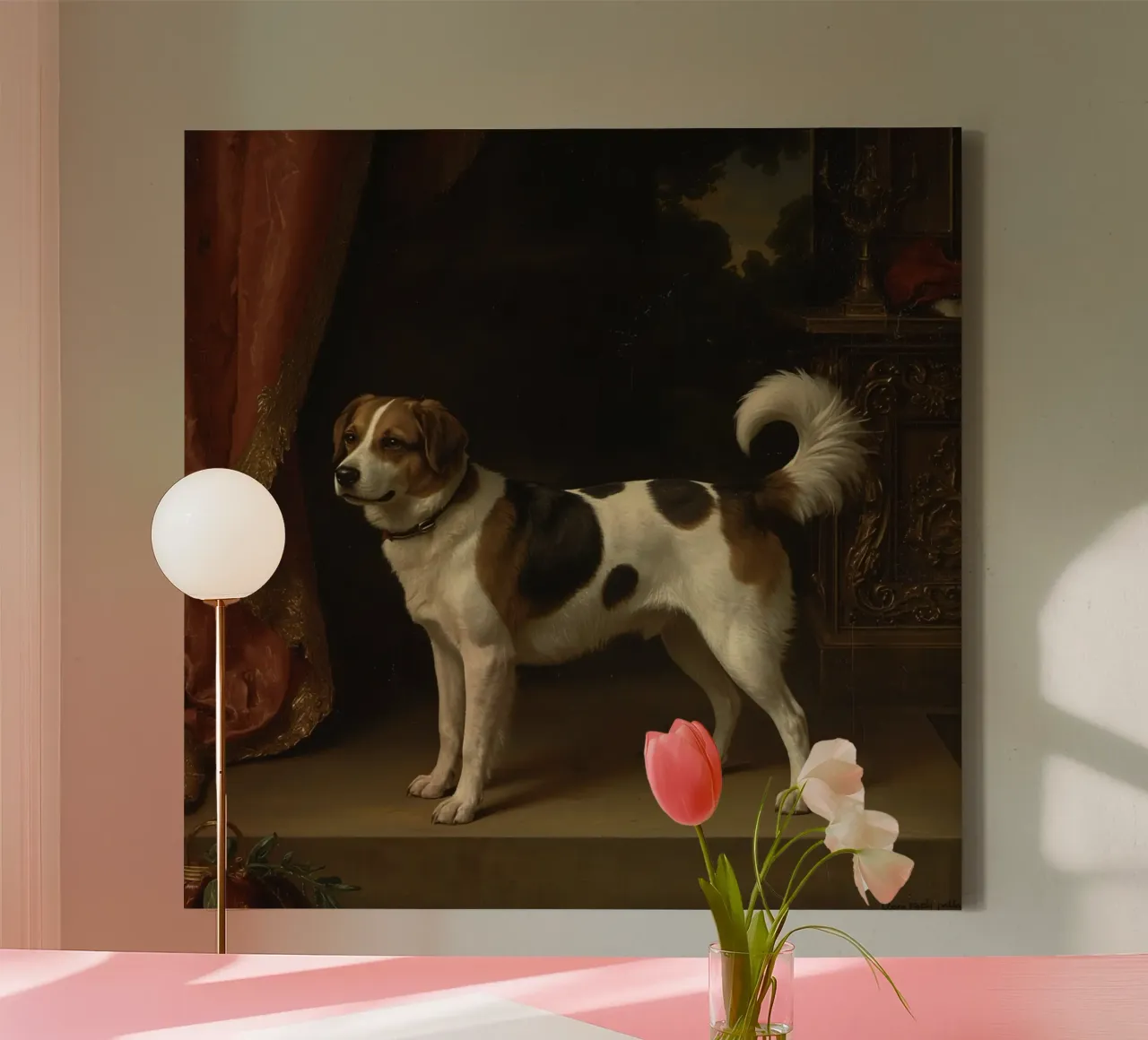 Cane in piedi con grazia sfondo ornato in una stanza classica tela con Cornice a cassetta da DesignDoodle