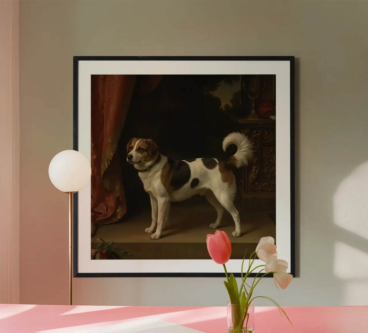 Chien se tenant gracieusement debout sur une toile de fond ornée dans une pièce classique poster avec cadre en plastique de DesignDoodle