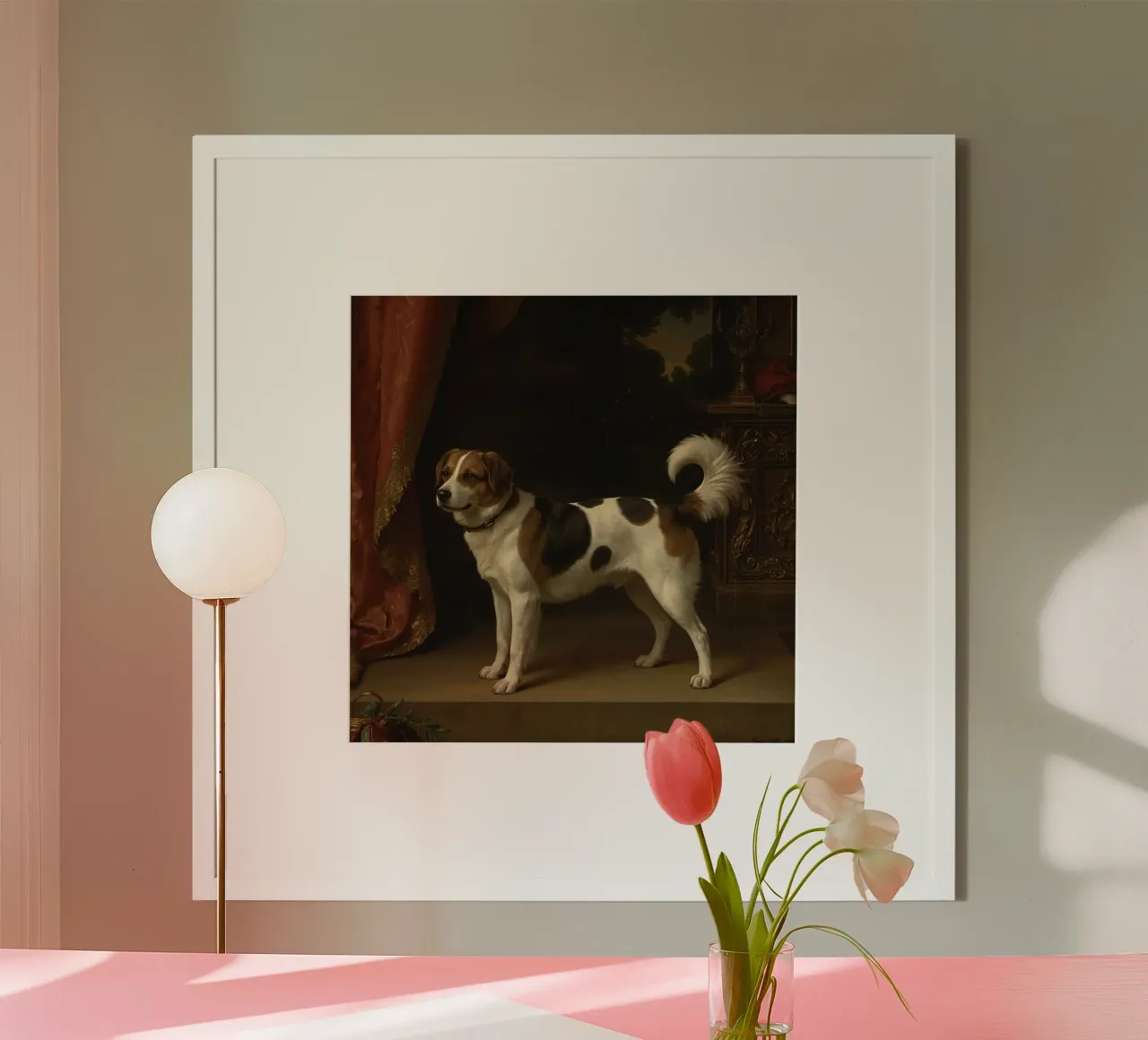 Chien se tenant gracieusement debout sur une toile de fond ornée dans une pièce classique poster avec cadre en plastique de DesignDoodle